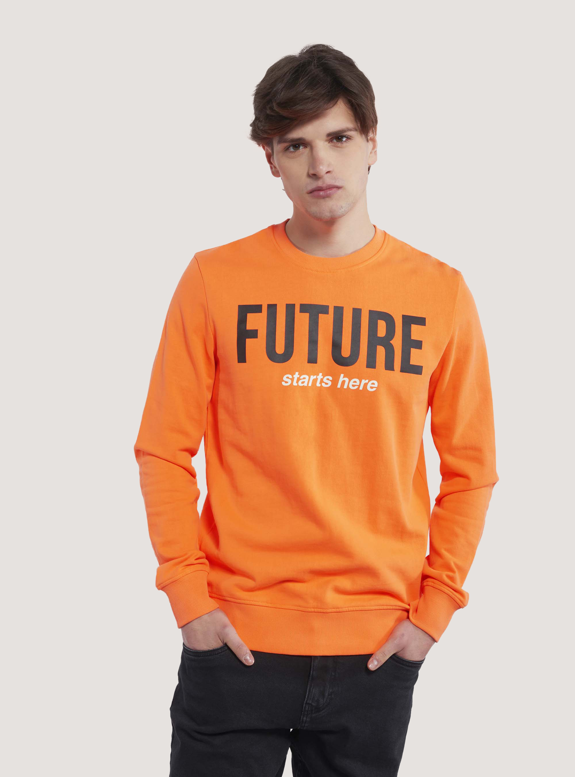 Fluo-Sweatshirt mit Rundhalsausschnitt und Slogan-Aufdruck, C378 ORANGE FLUO