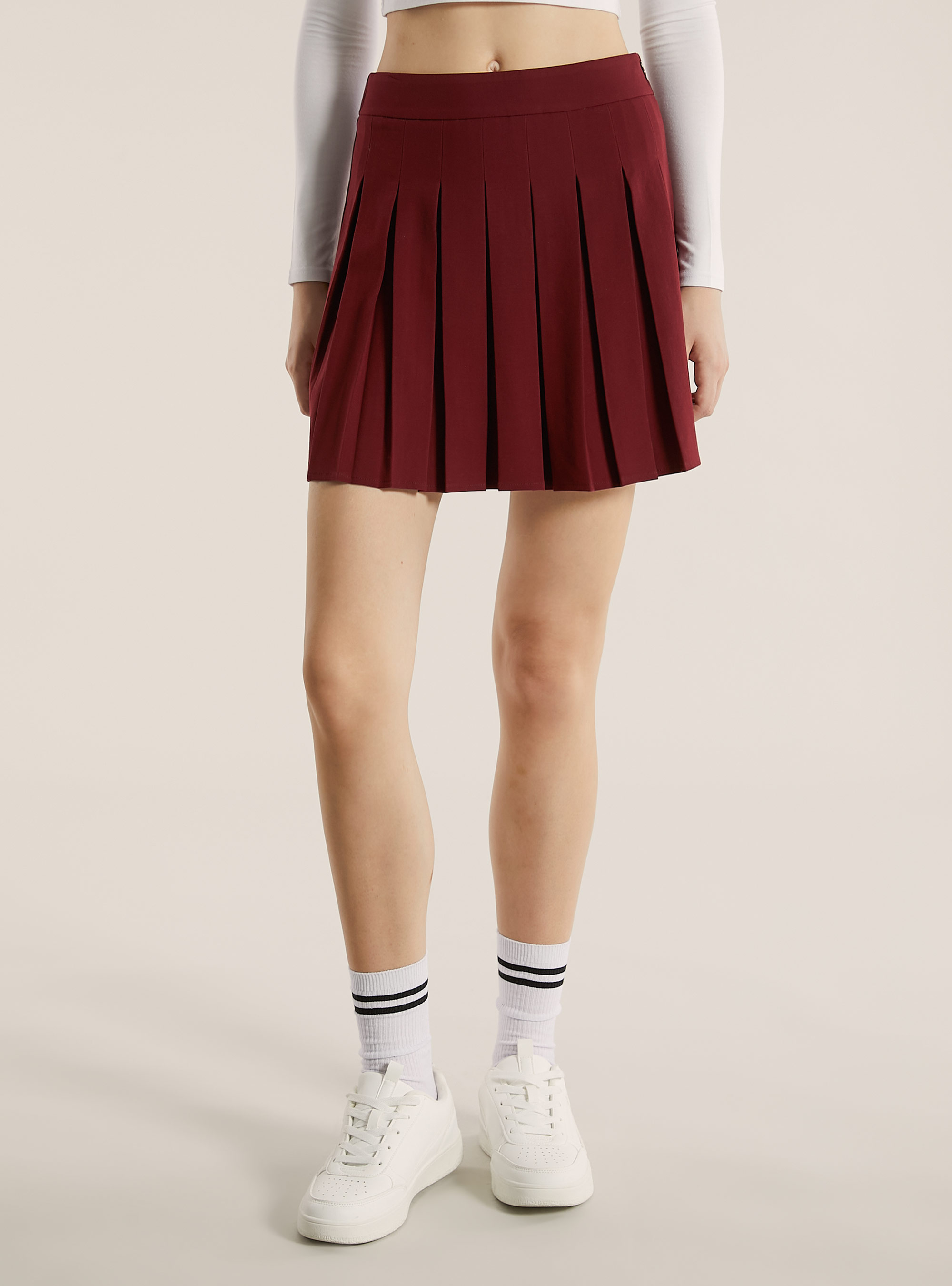 Gonna mini a pieghe tinta unita, BO1 BORDEAUX DARK