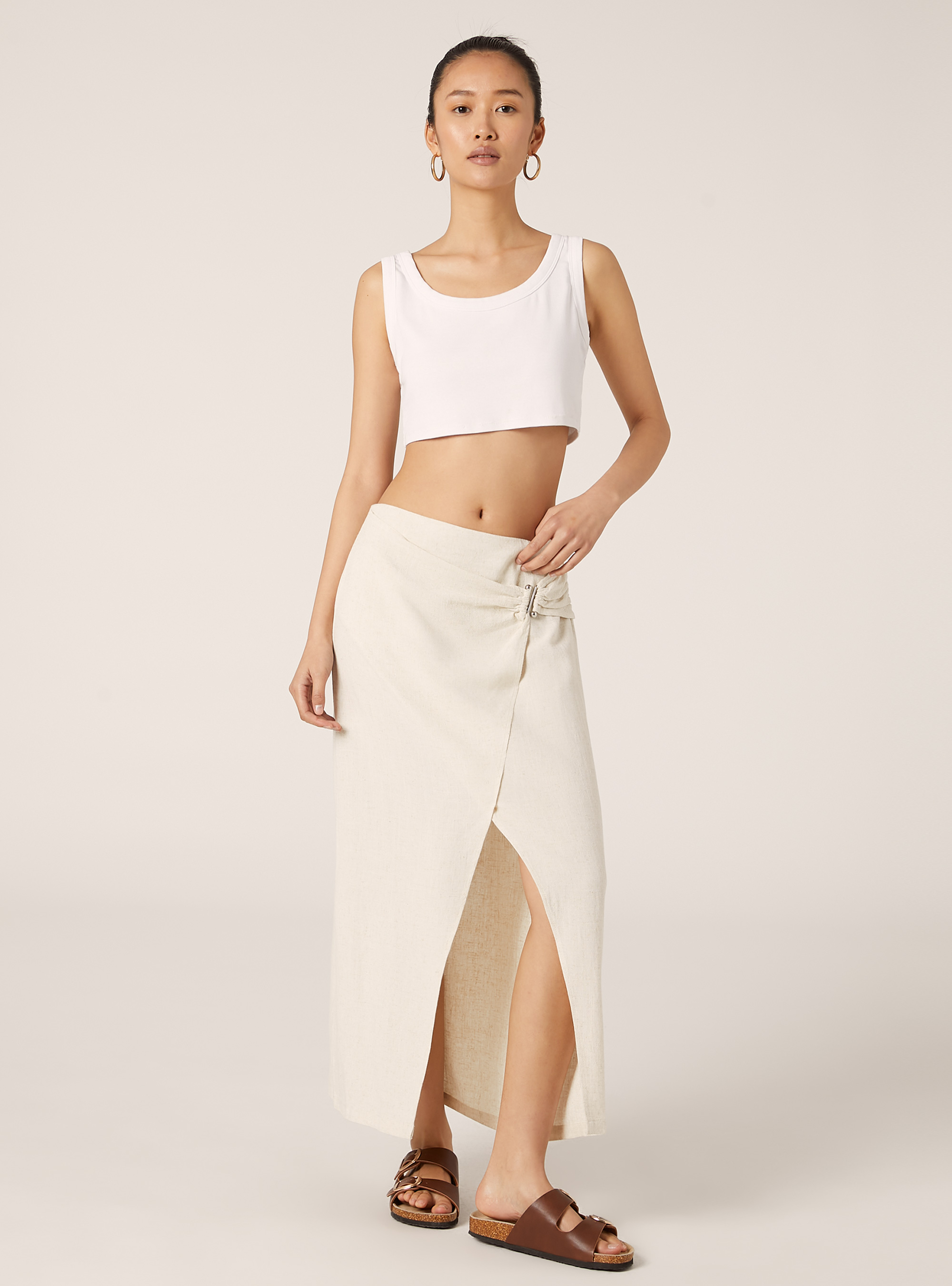 Jupe midi asymétrique en lin mélangé, MBG3 BEIGE MEL LIGHT