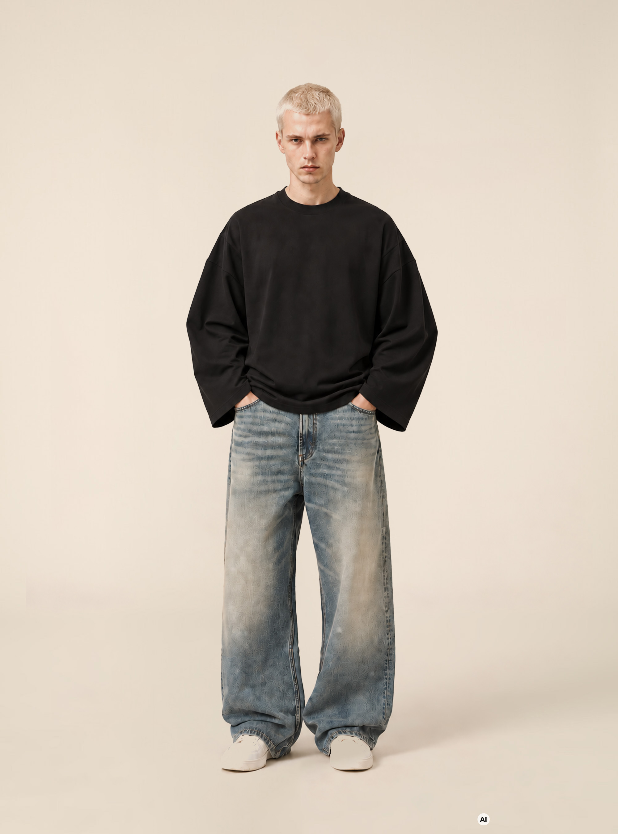 T shirt a manches longues oversize avec epaules tombantes, BK1 BLACK