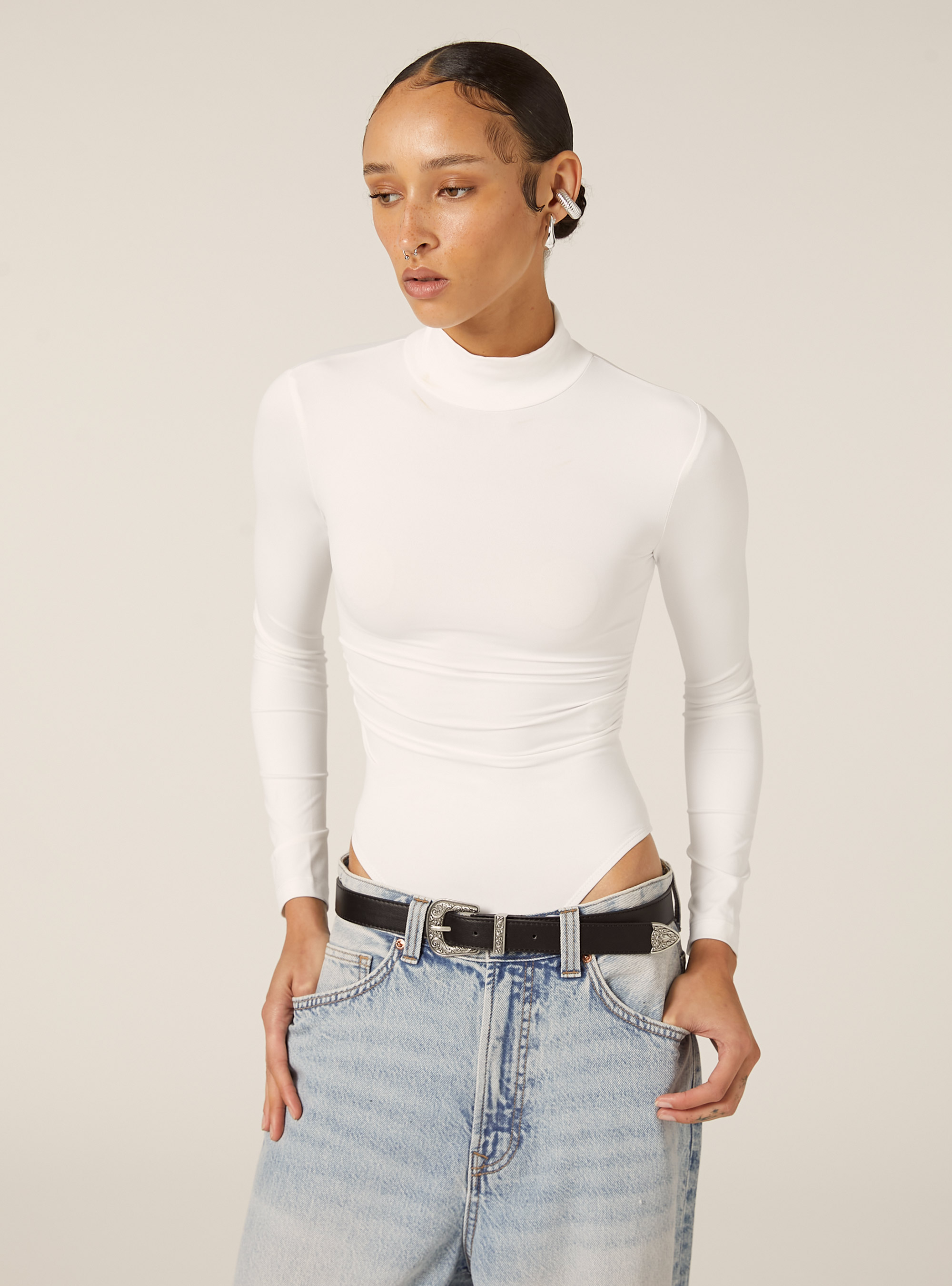 High-neck stretch bodysuit, WH2 WHITE