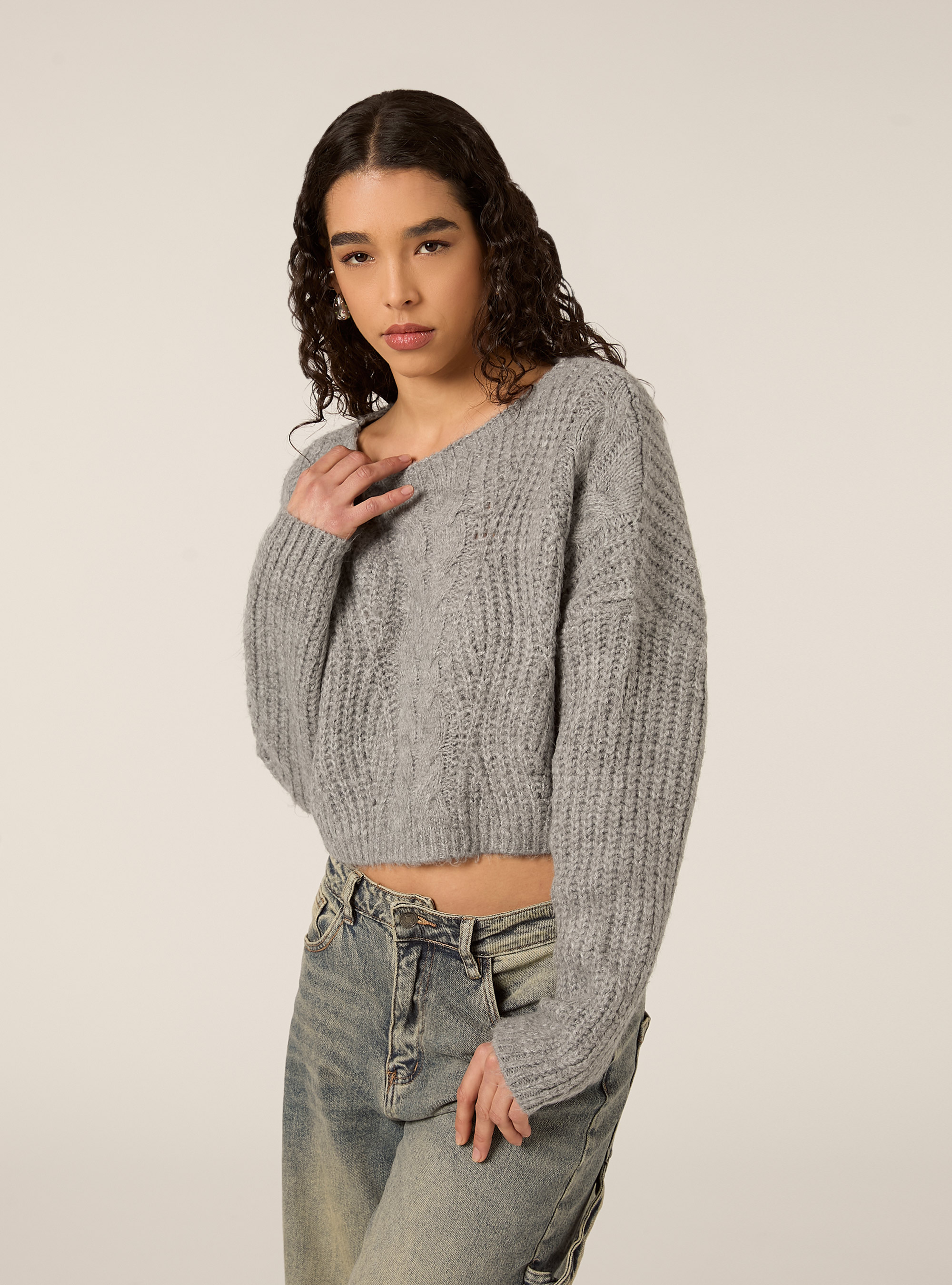 Maglia a trecce scollo a barca, MGY2 GREY MEL MEDIUM