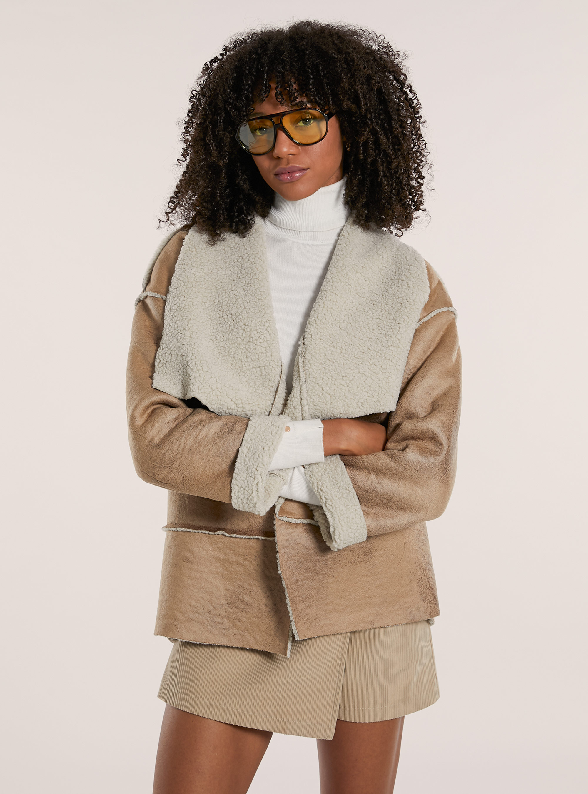 Giacca montone effetto pelle double face, BG2 BEIGE MEDIUM