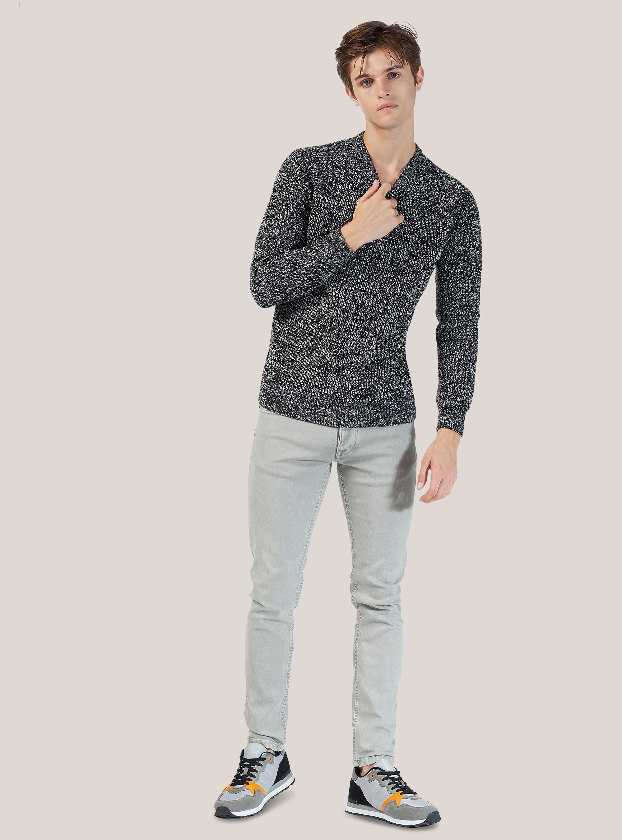 RIB KINT ROUND NECK PULLOVER, CREAM/BLACK