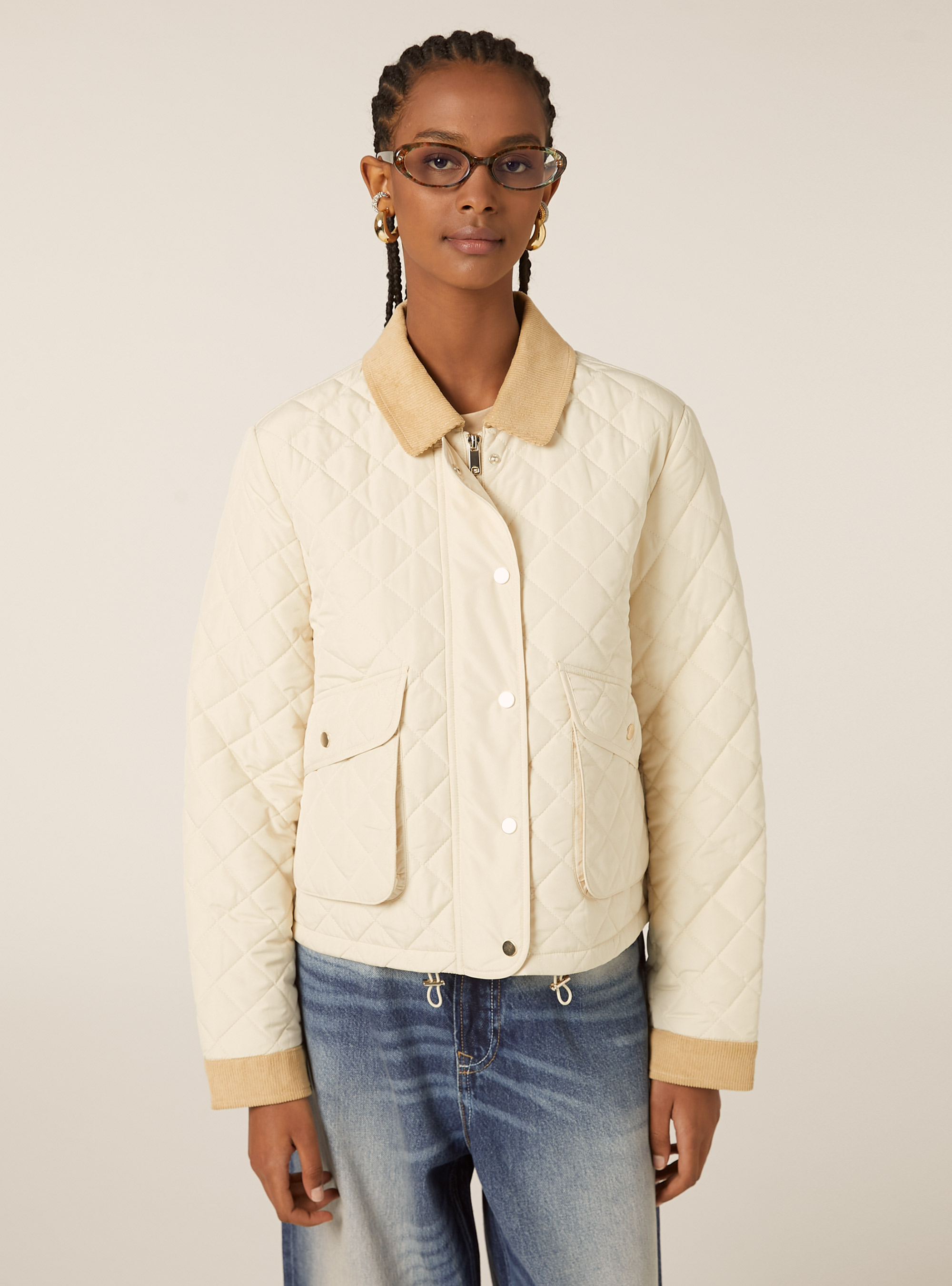 Chaqueta acolchada con cuello de terciopelo, BG3 BEIGE LIGHT
