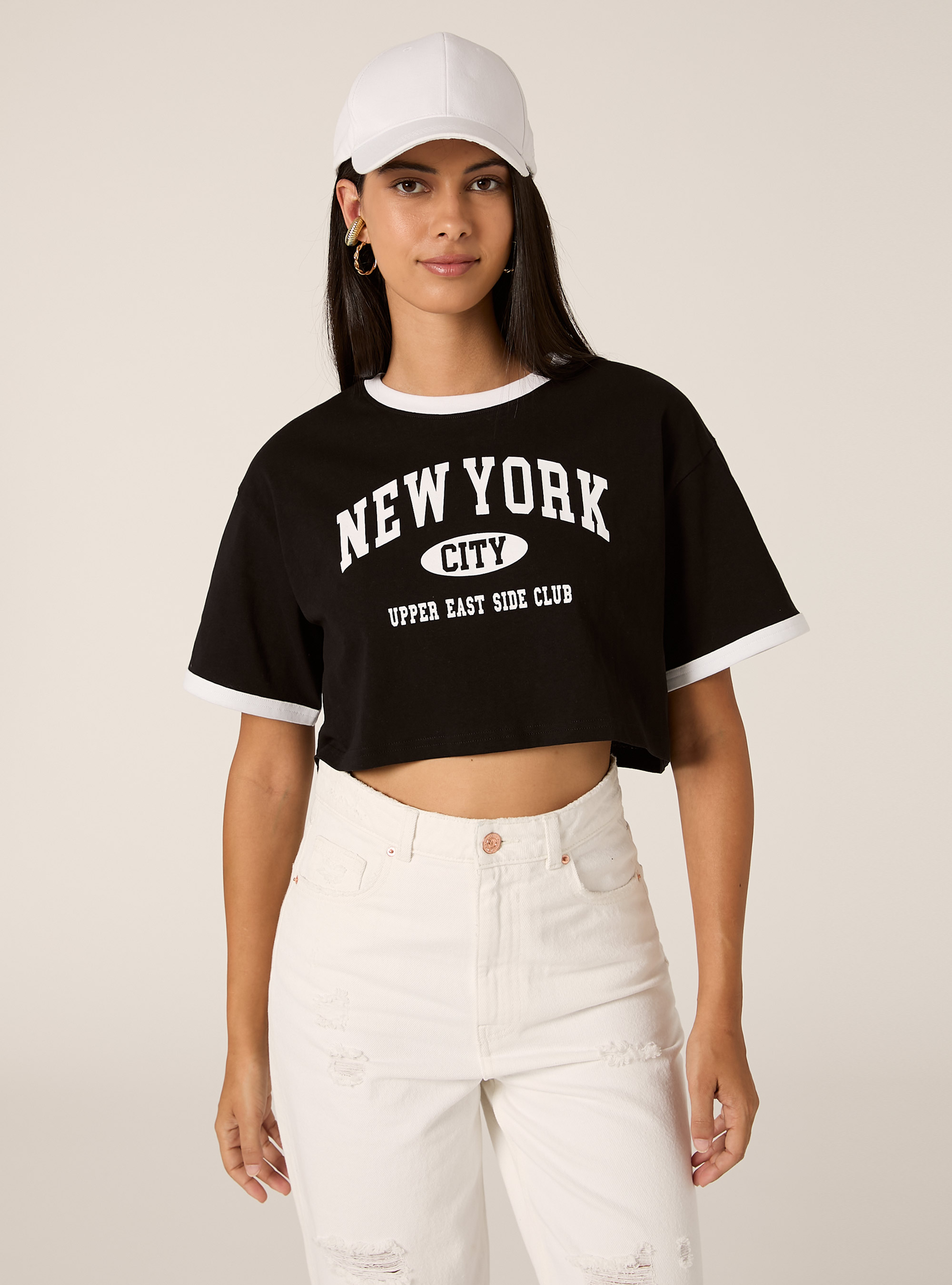 Cropped-T-Shirt mit College-Print, BK1 BLACK