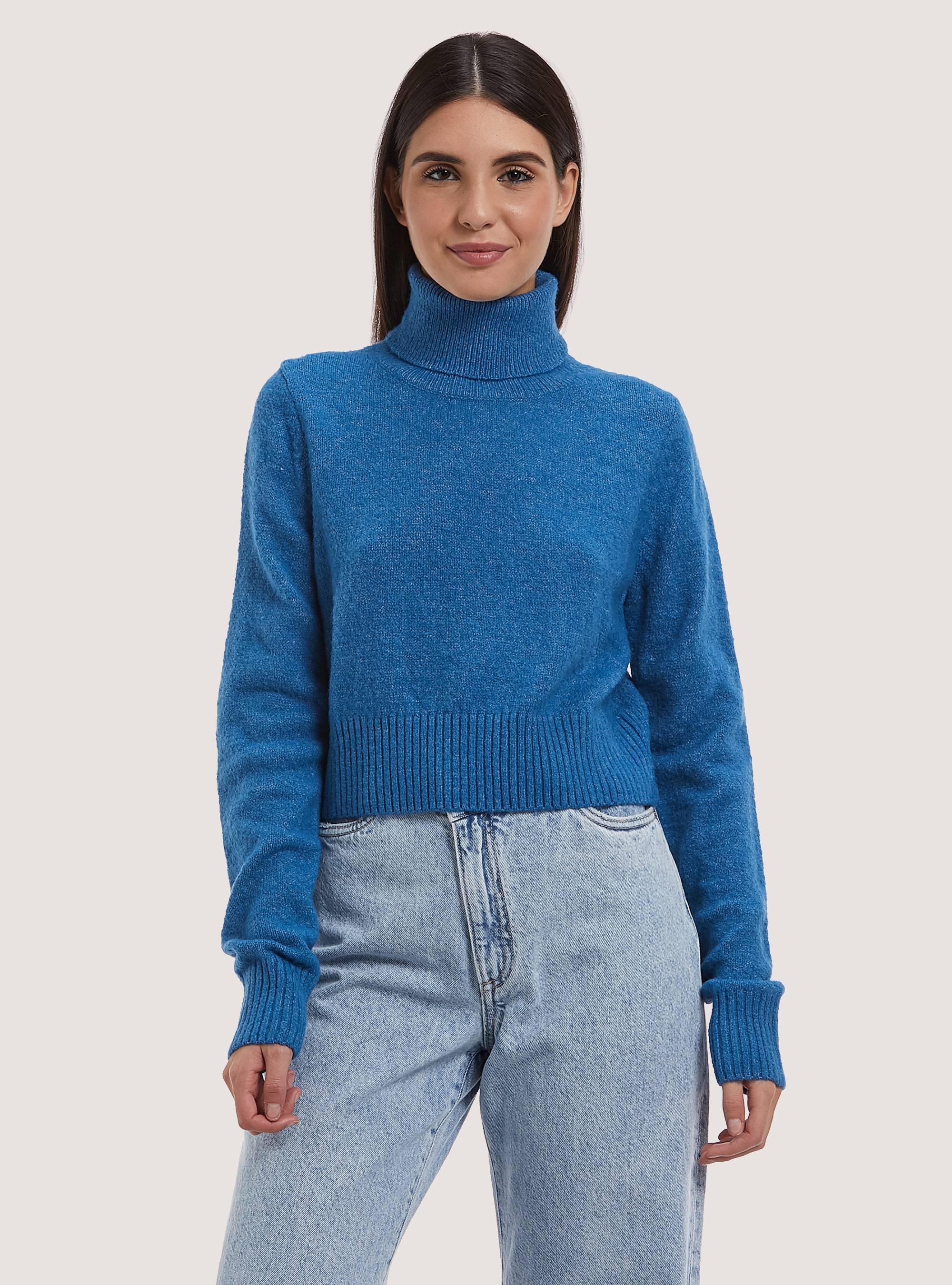 Pullover morbido cropped a collo alto, OB2 BLUE OIL MED.