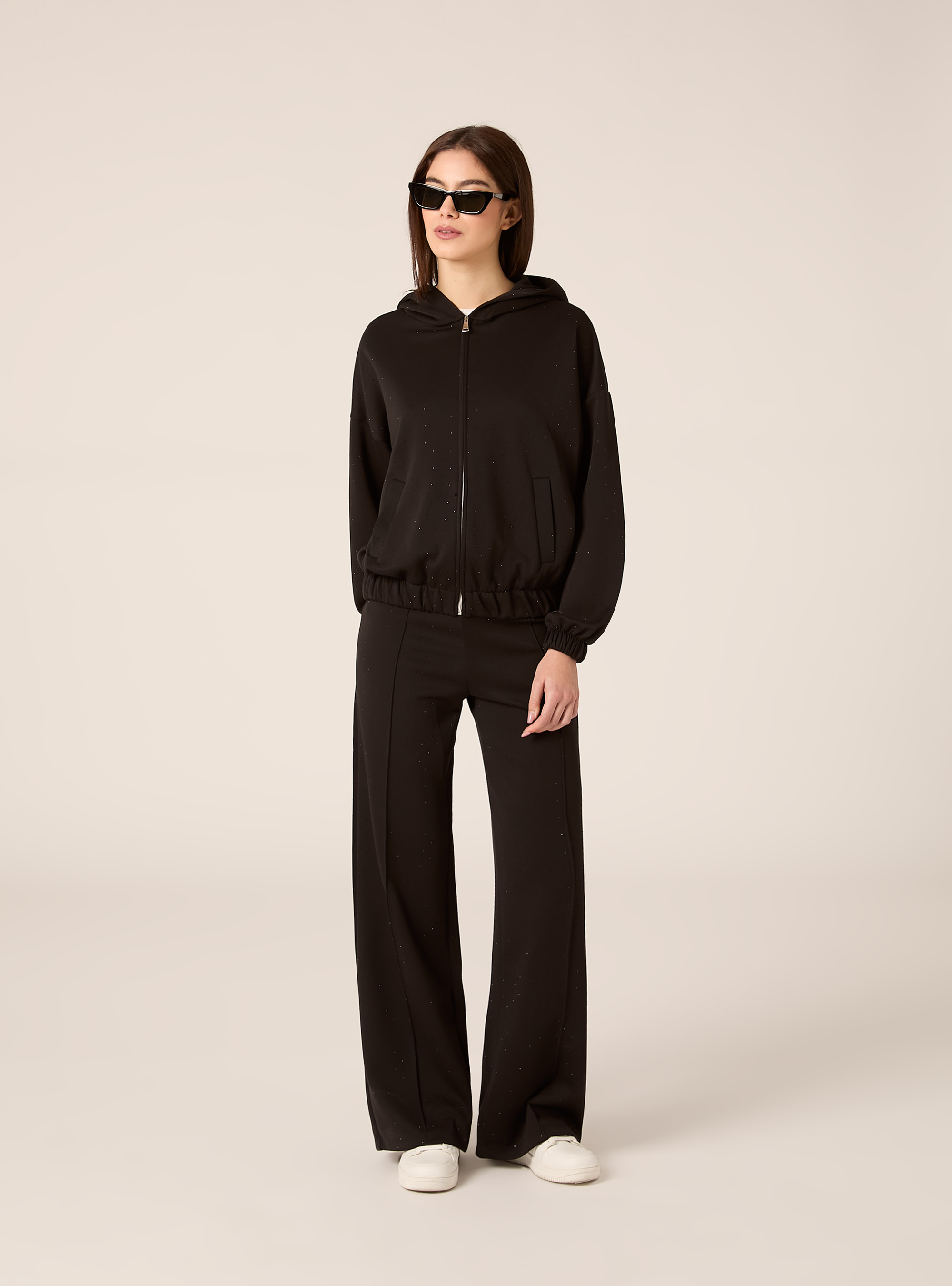 Pantaloni con nervatura in scuba con strass, BK1 BLACK