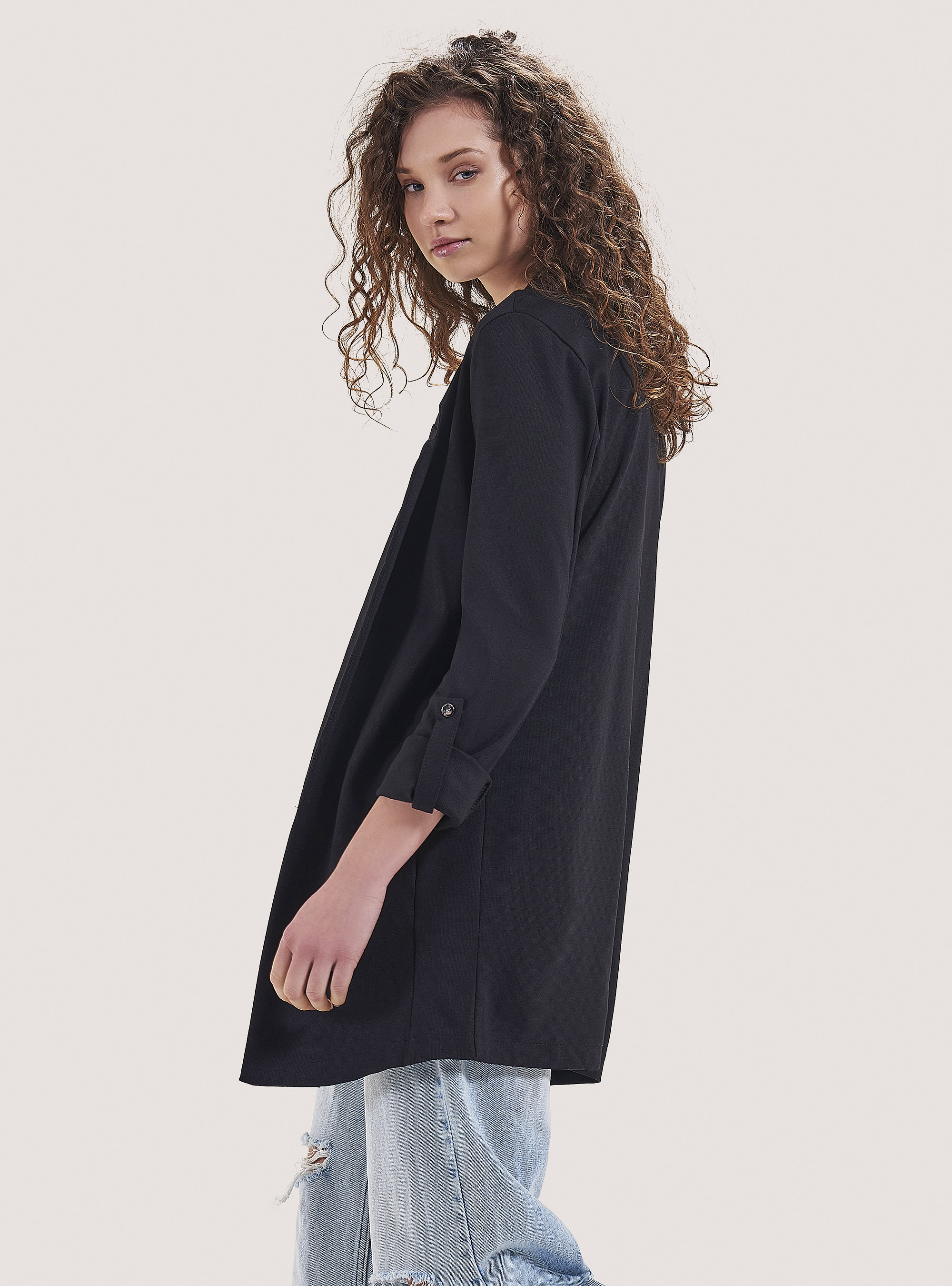 Blazer lungo in tinta unita, BLACK