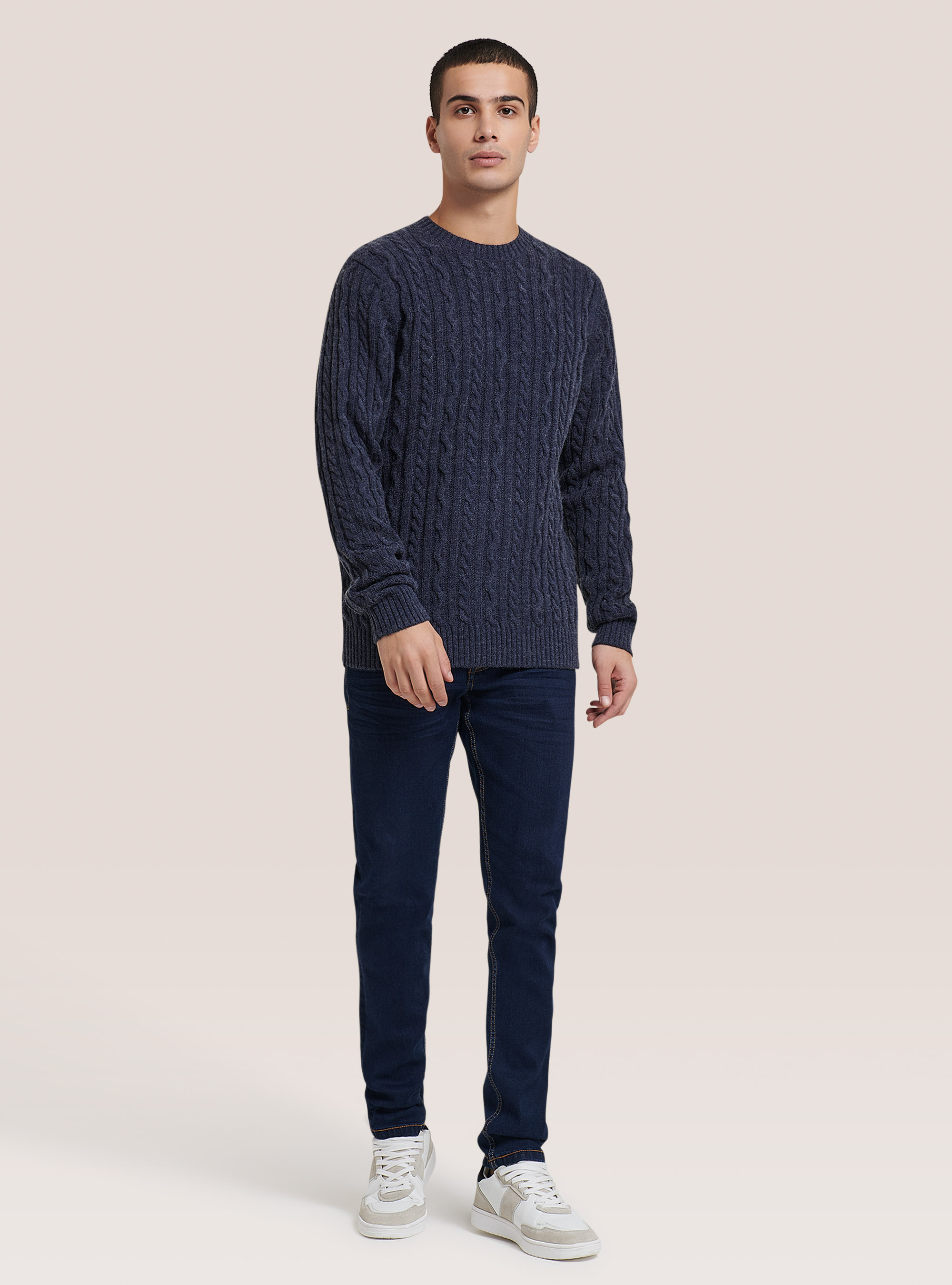 Pullover caldo con trecce, C0293 BLU MELANGE