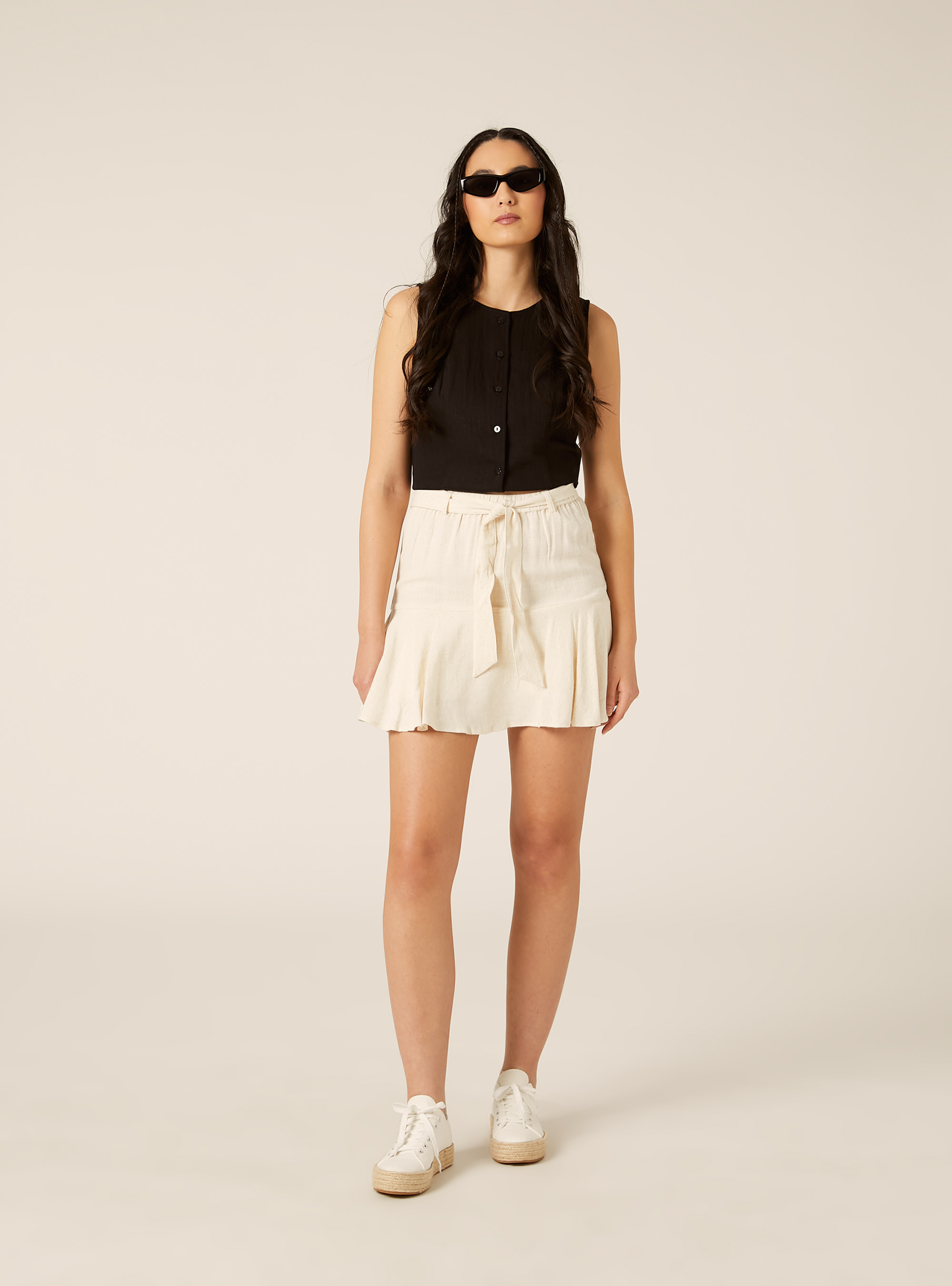 Falda-Pantal&oacute;n de Mezcla de Lino con Cintur&oacute;n de Lazo, MBG3 BEIGE MEL LIGHT