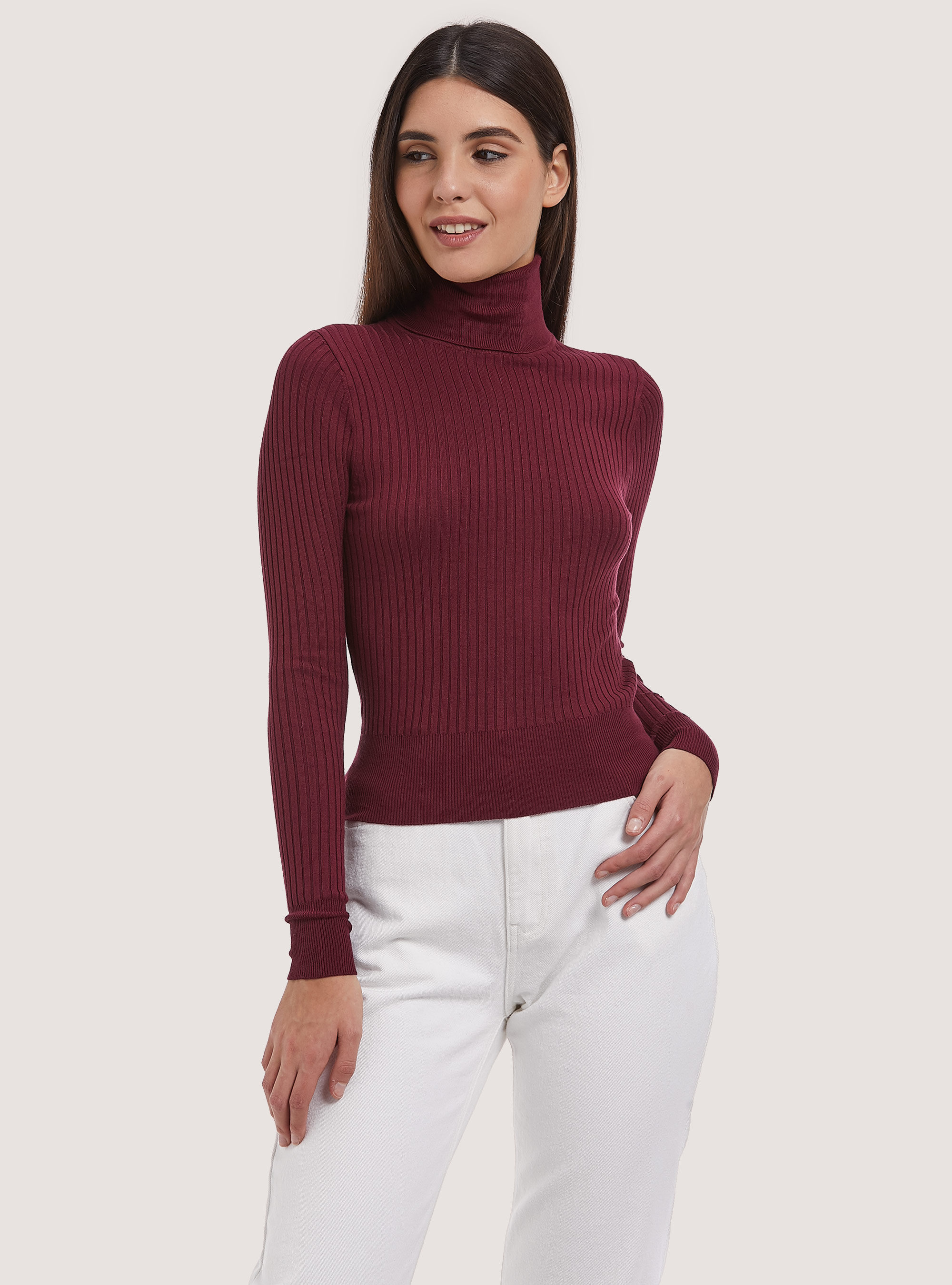 Pullover cropped a collo alto a coste, BO2 BORDEAUX MEDIUM