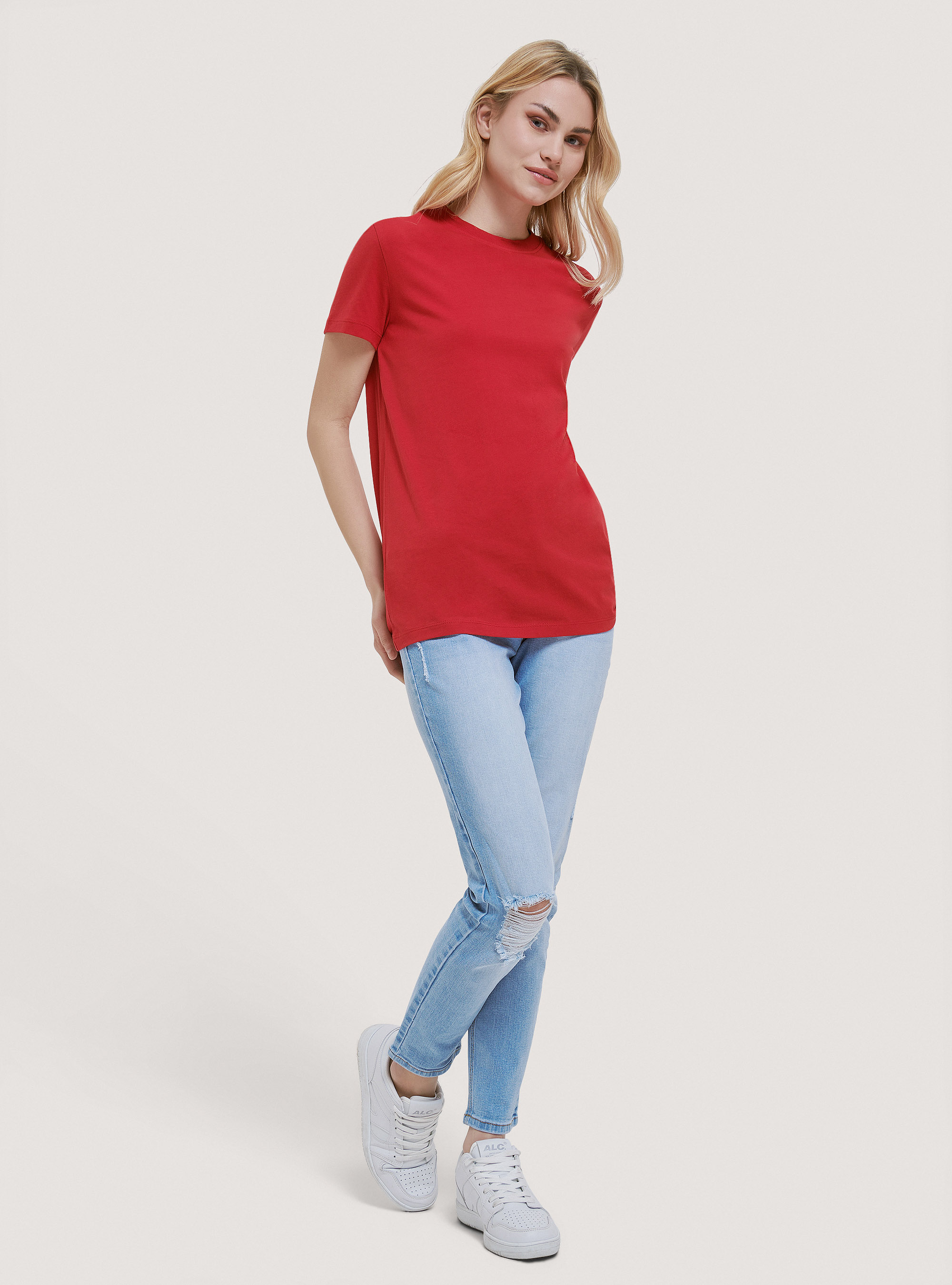 Camiseta b&aacute;sica de algod&oacute;n con cuello redondo, ROJO