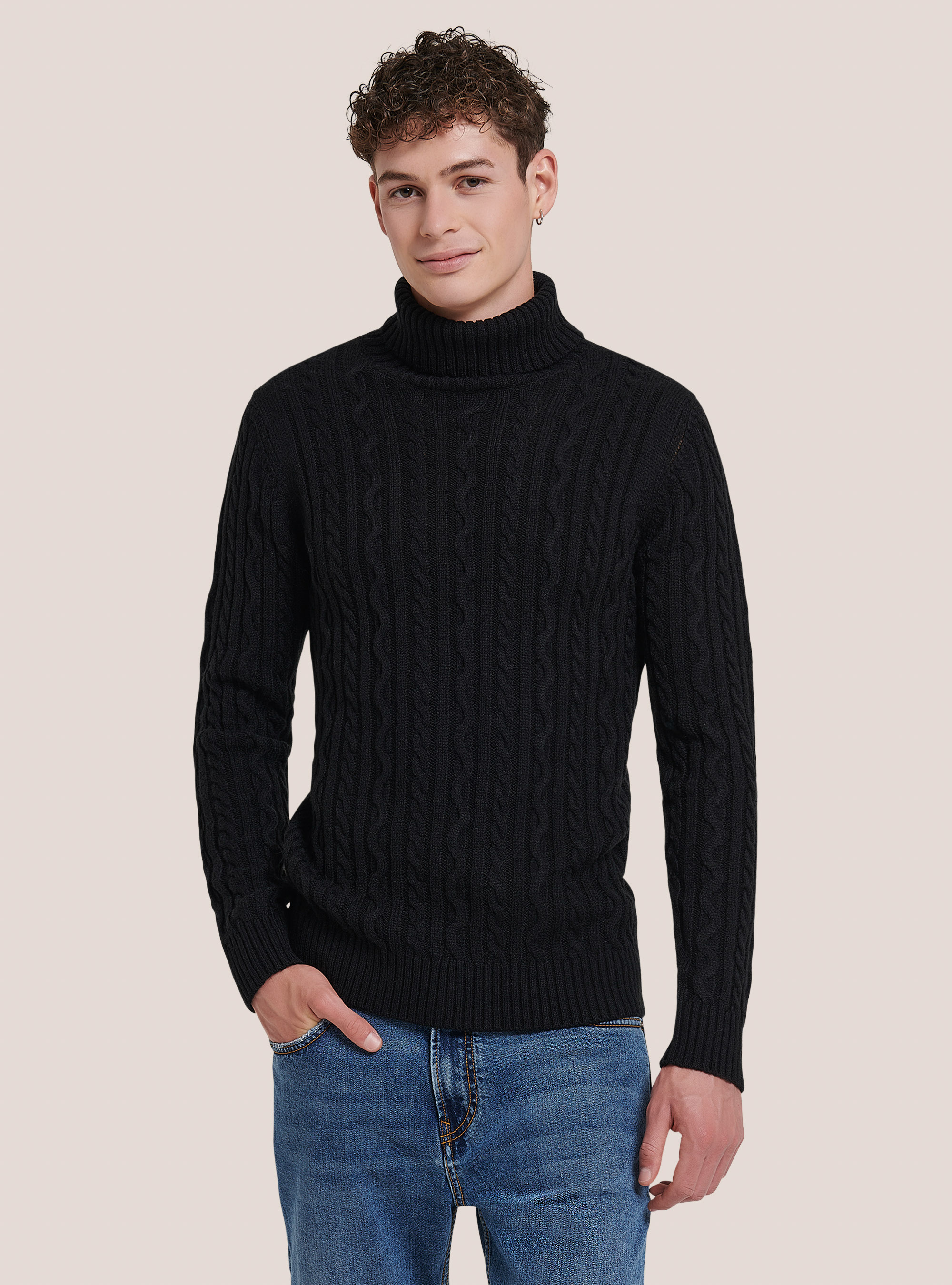 Pullover collo alto con trecce, MNA2 NAVY MEL MED