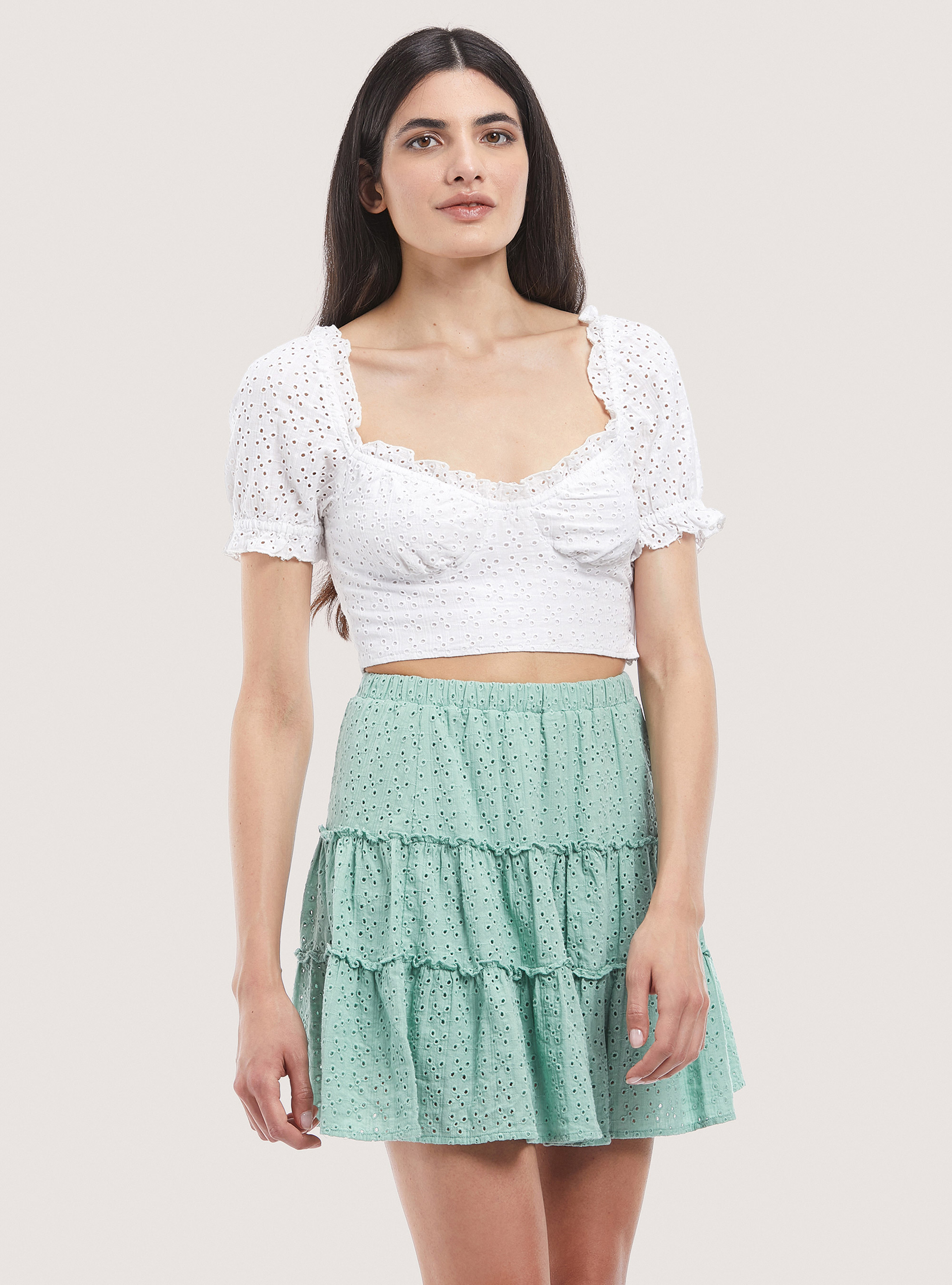 Crop top in pizzo san gallo, BIANCO