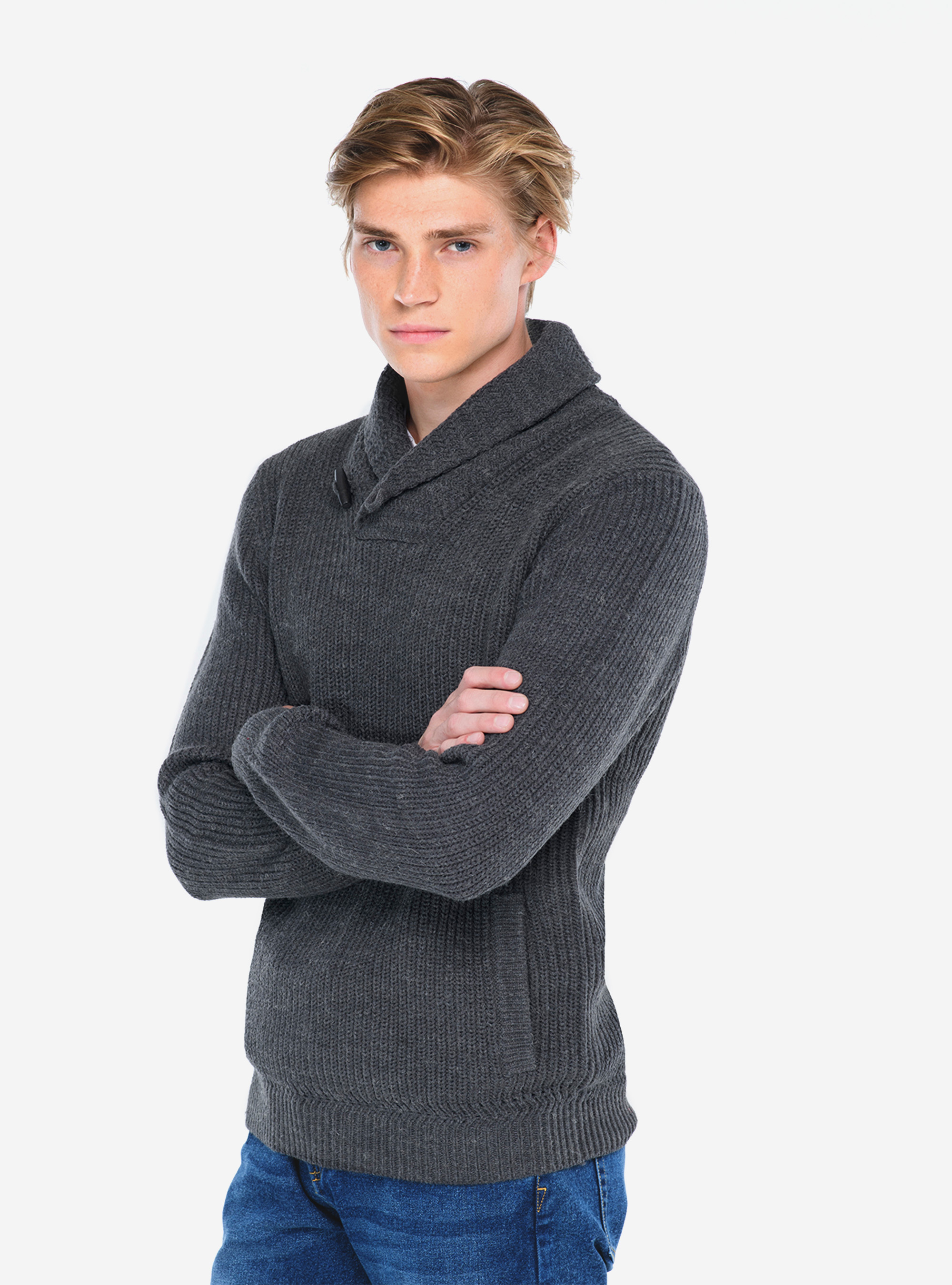 PULLOVER WITH SHAWL COLLAR, GREY MELANGE