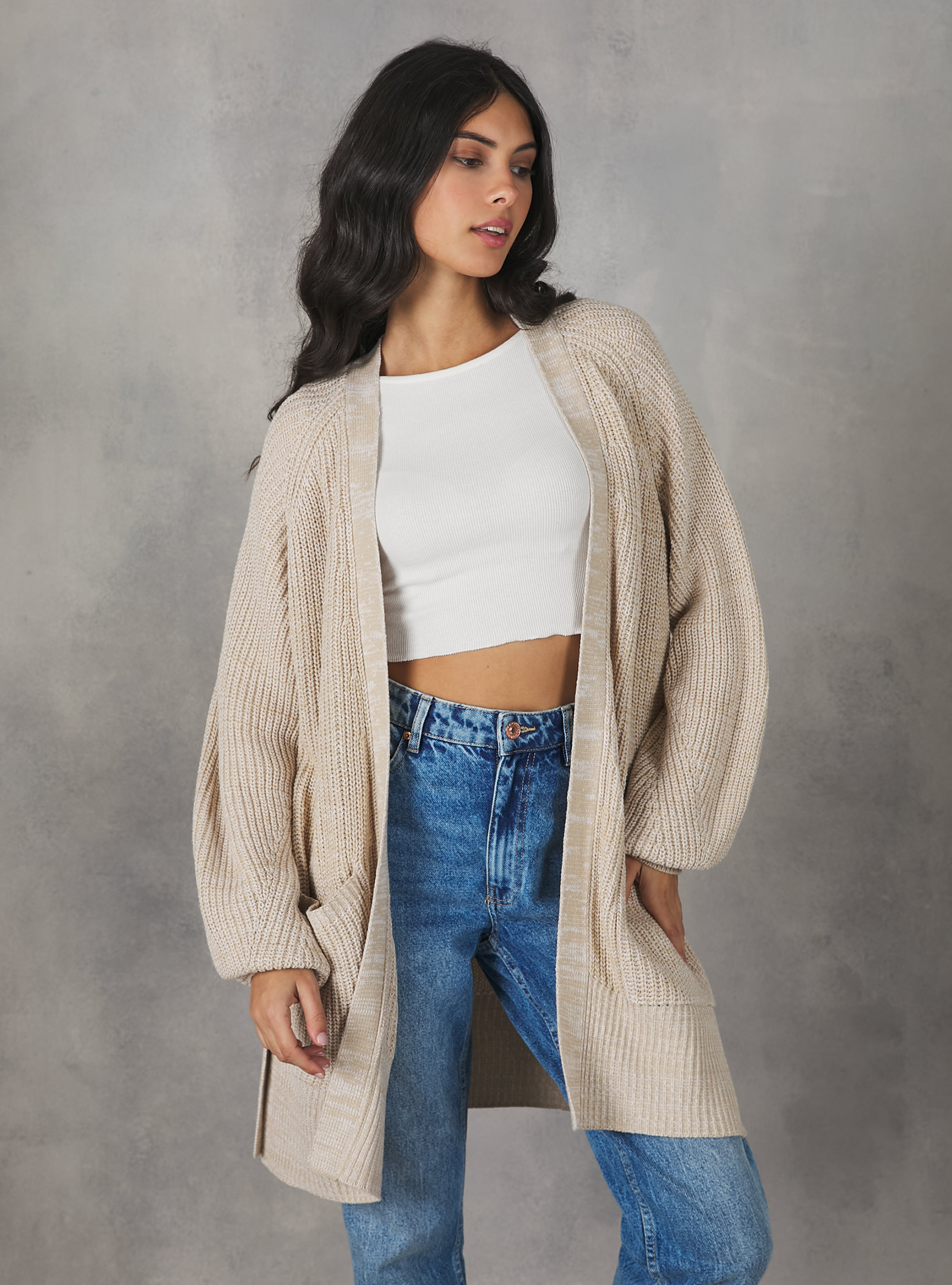 Cardigan lungo con tasche, C0577 SAND