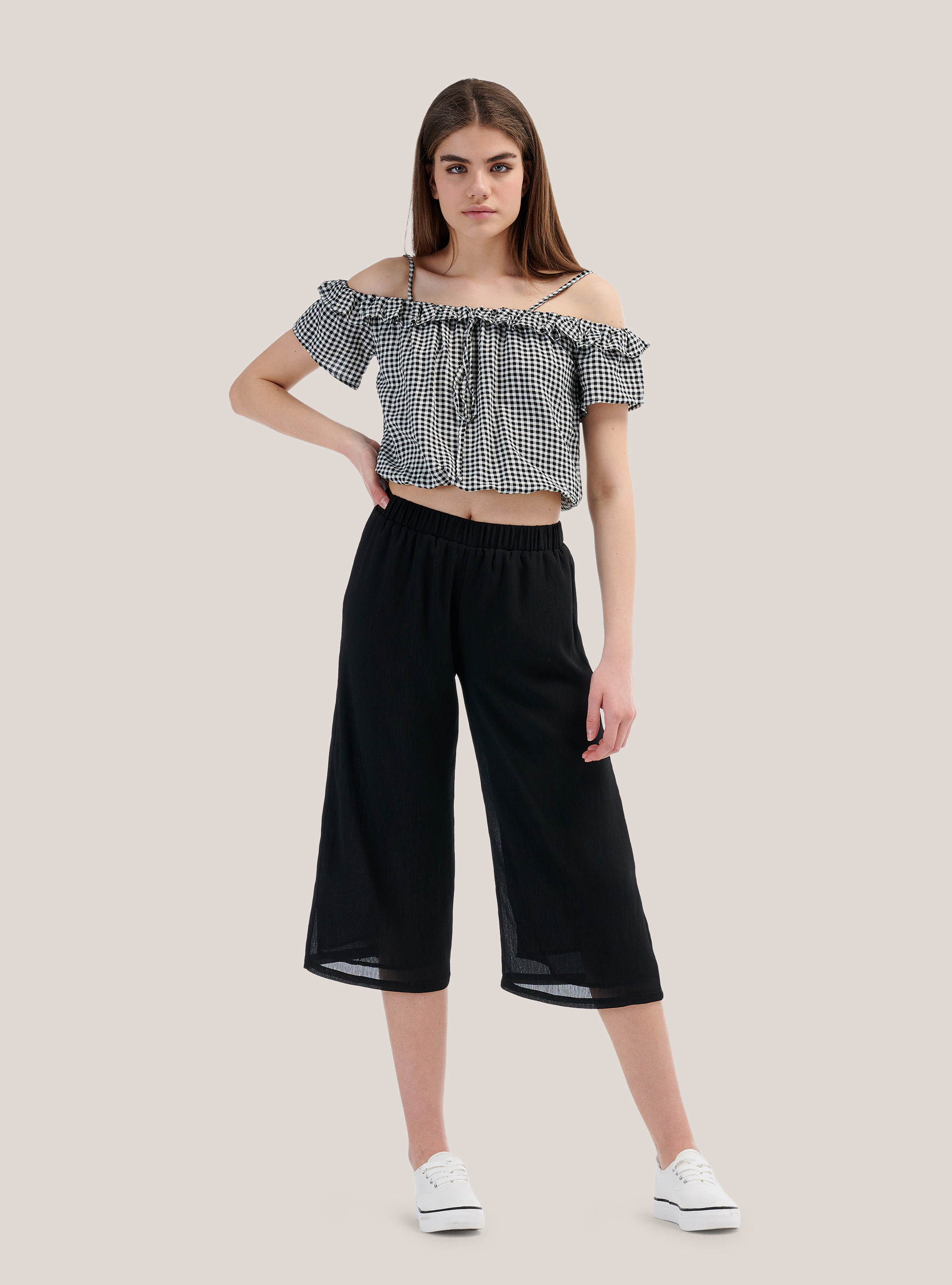 Wide leg culottes trousers comfort fit, BLACK