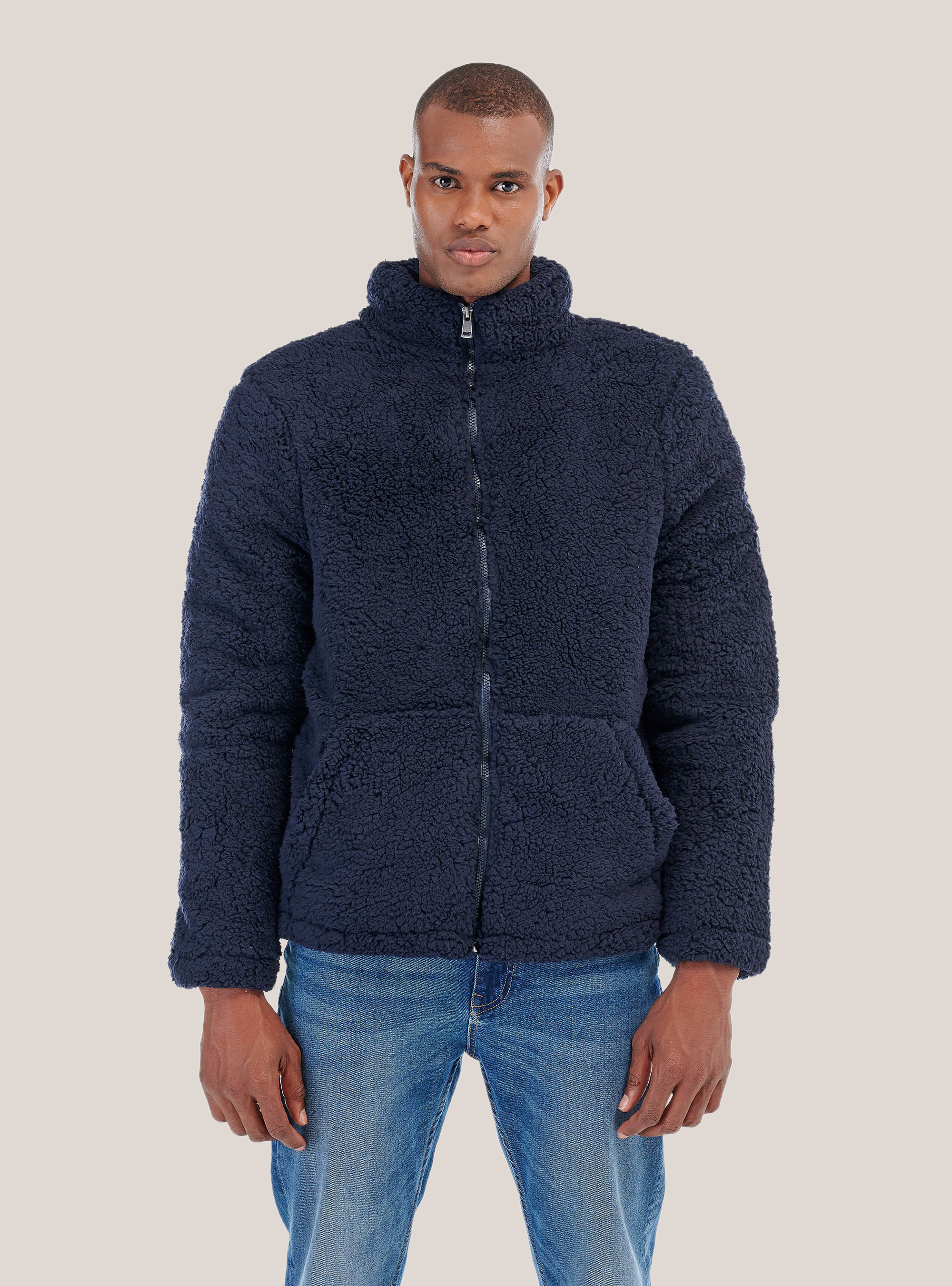 Giubbotto imbottito effetto montone, BLU MARINO