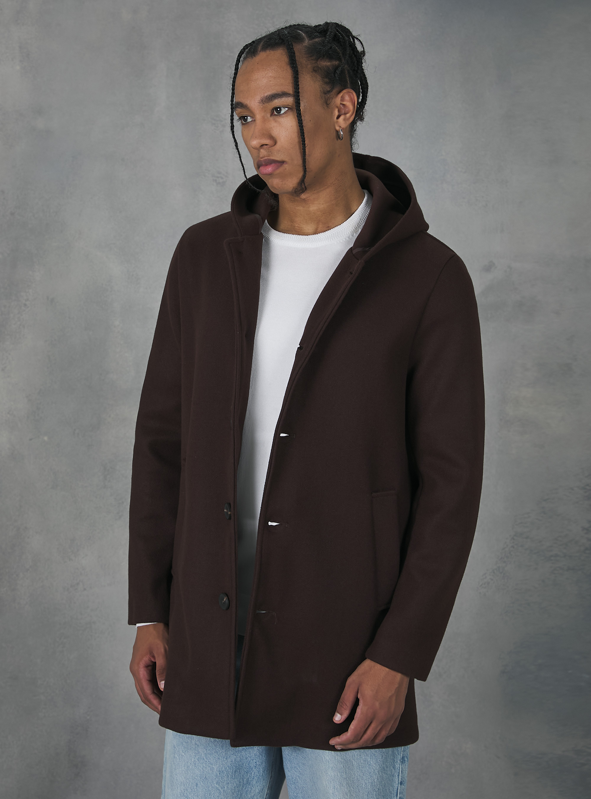 Hooded fabric coat, BR1 BROWN DARK