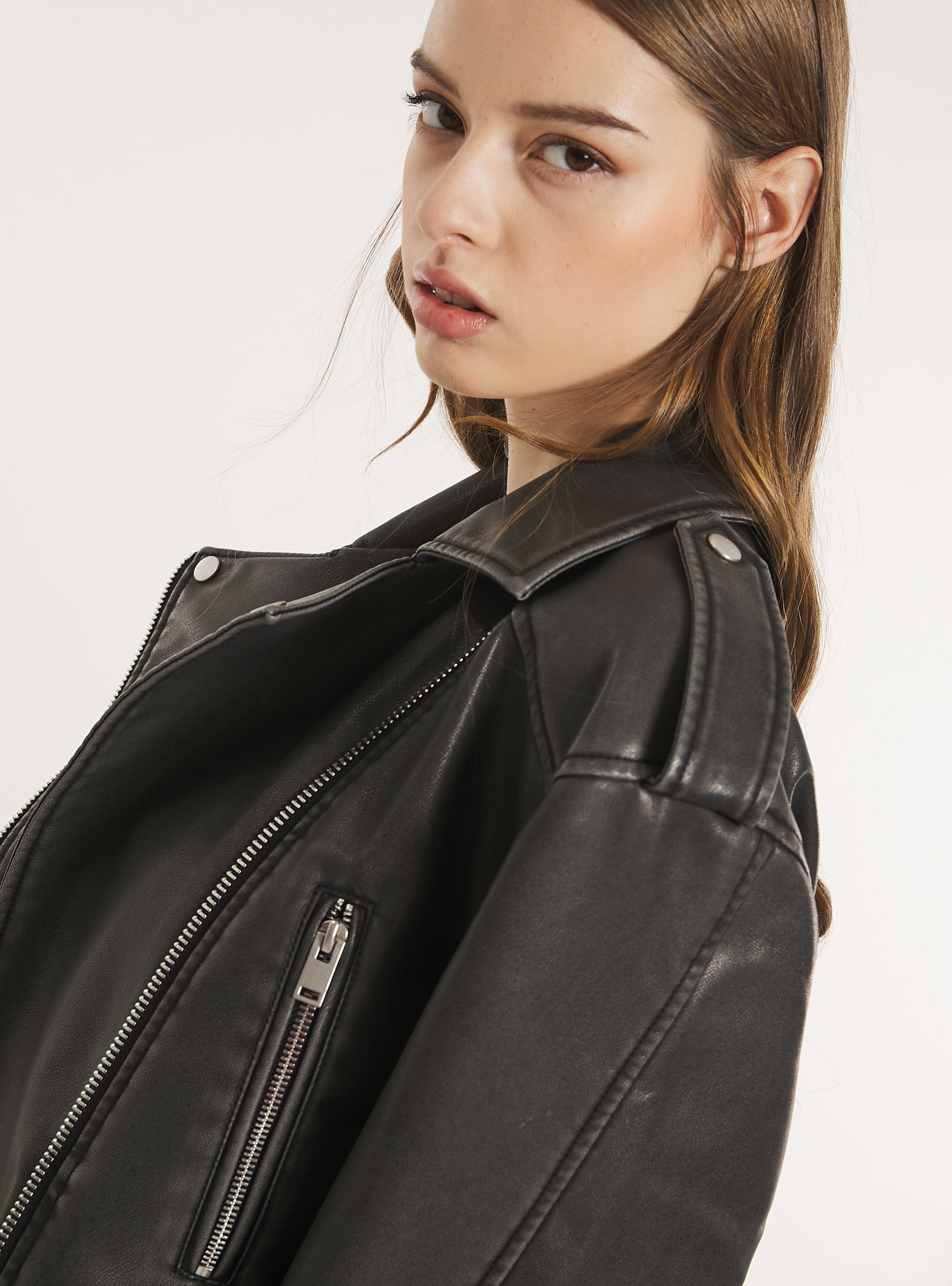 Vintage leather-effect biker jacket, BK3 BLACK CHARCOAL