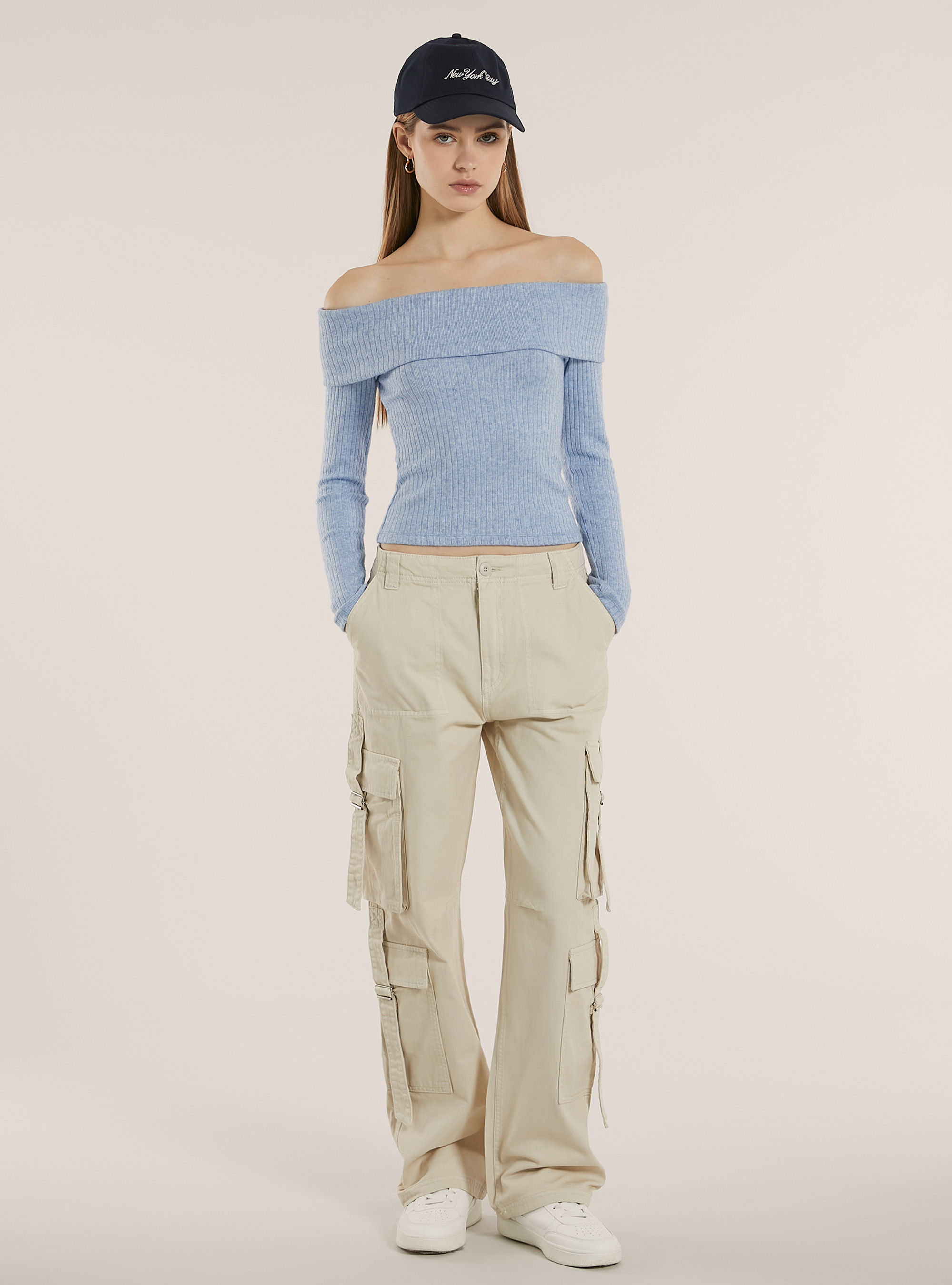 Pullover with ribbed bardot neckline, MAZ2 AZURE MEL MEDIUM