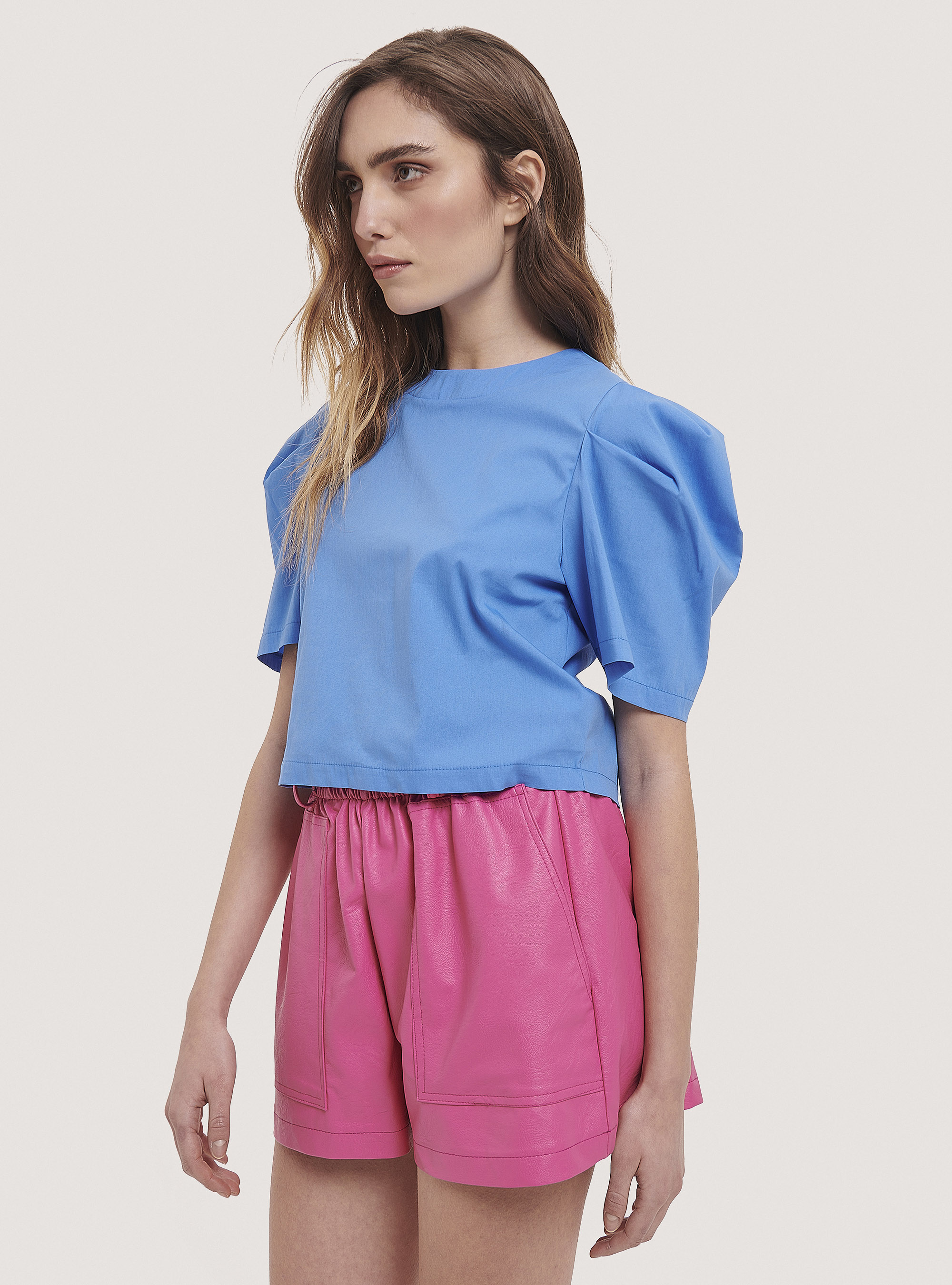 Puff Sleeve Cropped Blouse, C0299 AZZURRE