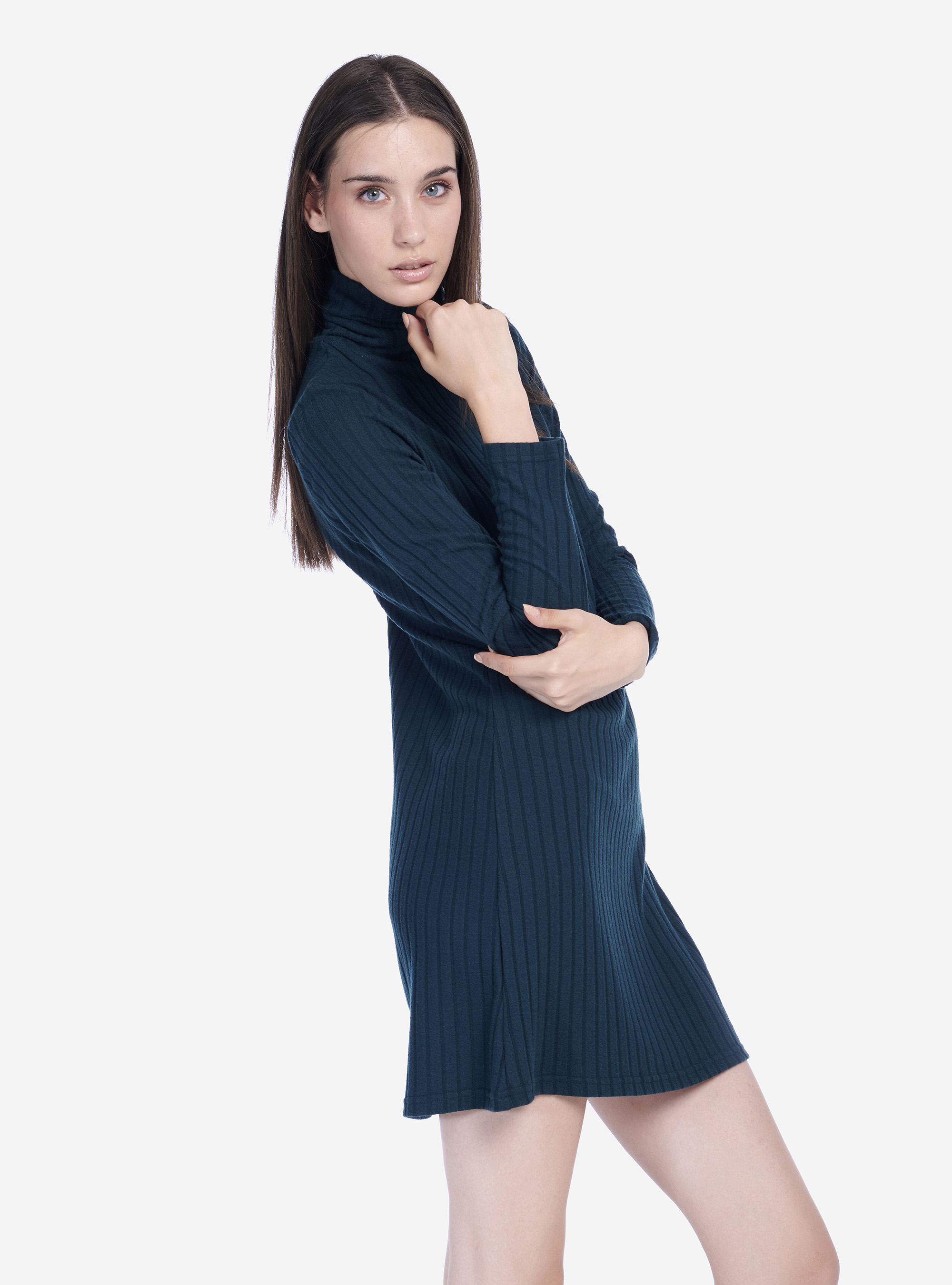 SHORT DRESS WITH HIGH RIBBED COLLAR, GREEN