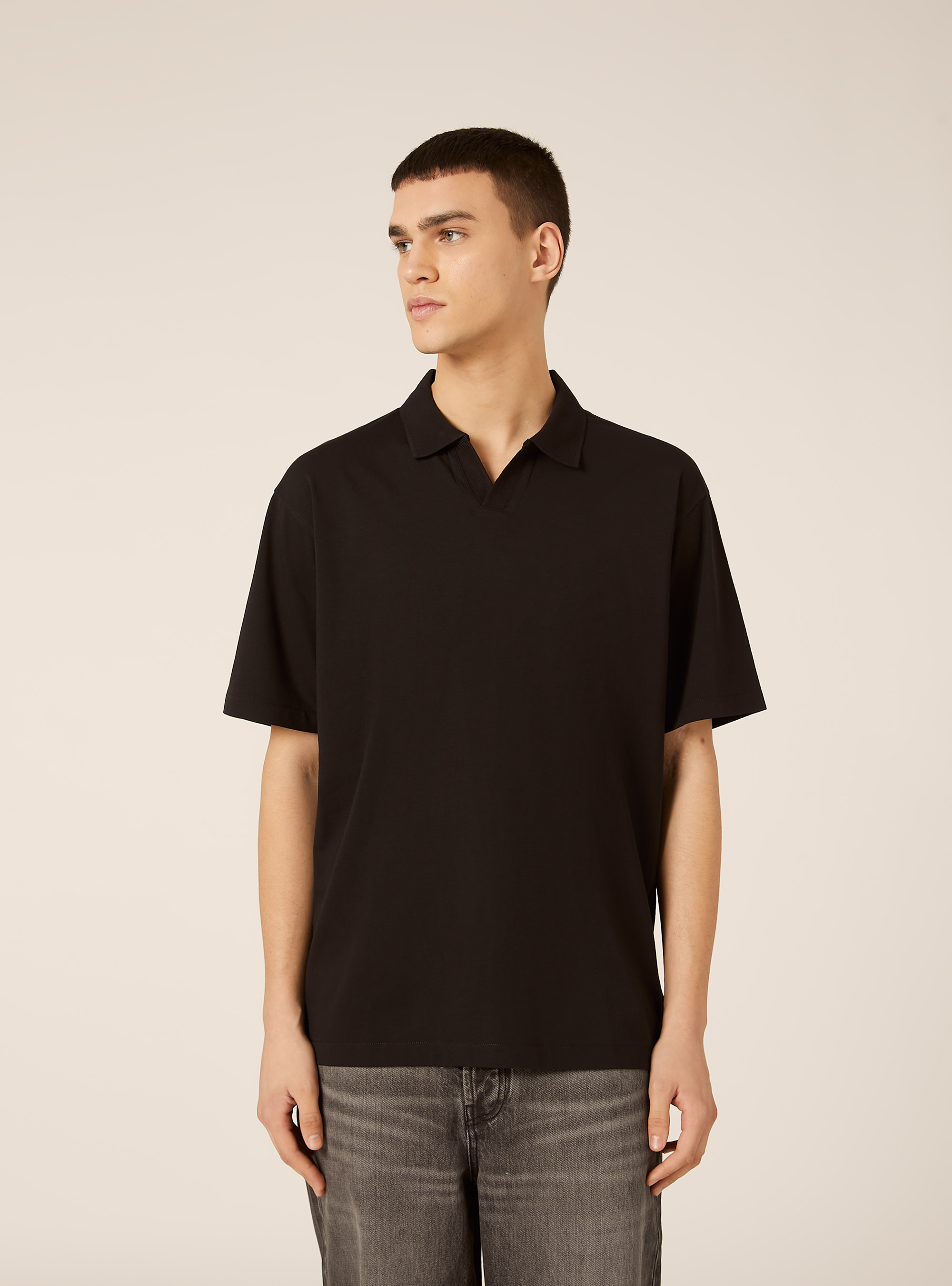 Polo mezza placchetta in jersey elasticizzato, BK1 BLACK