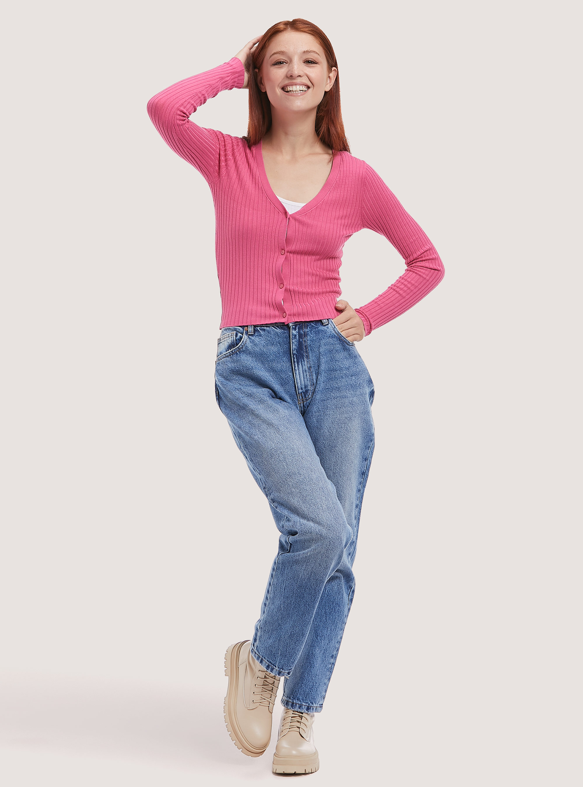 Cardigan cropped pullover cotelé, MPK1 PINK MEL DARK