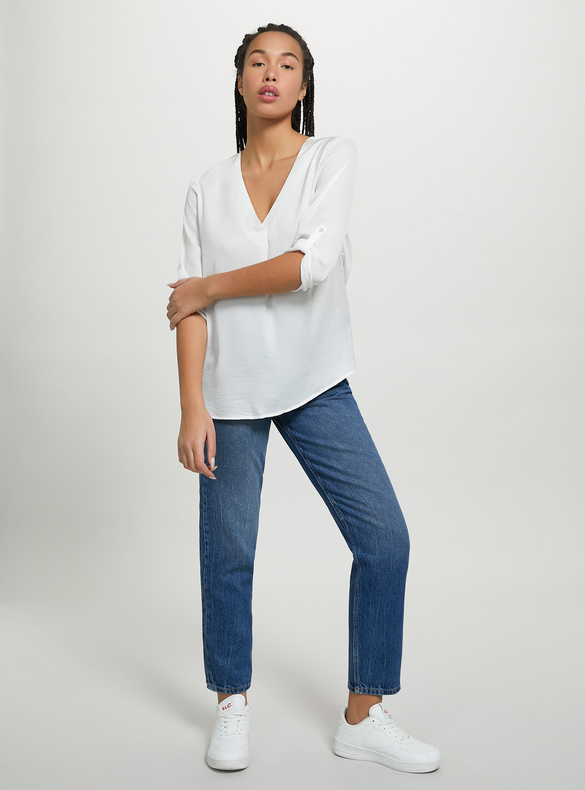 Blusa con scollatura in tinta unita, WH2 WHITE