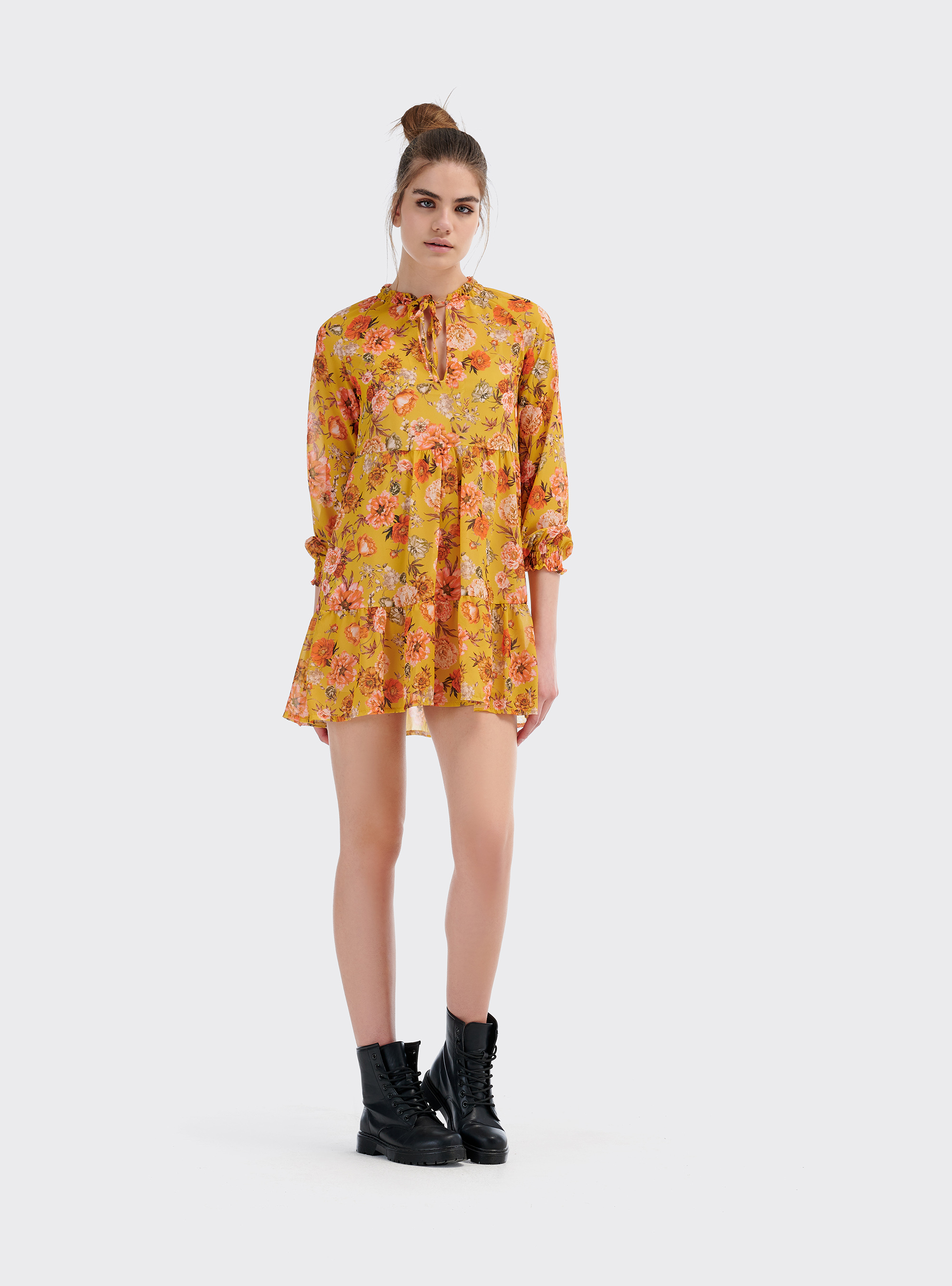 Mini floral dress  with long sleeves, YELLOW