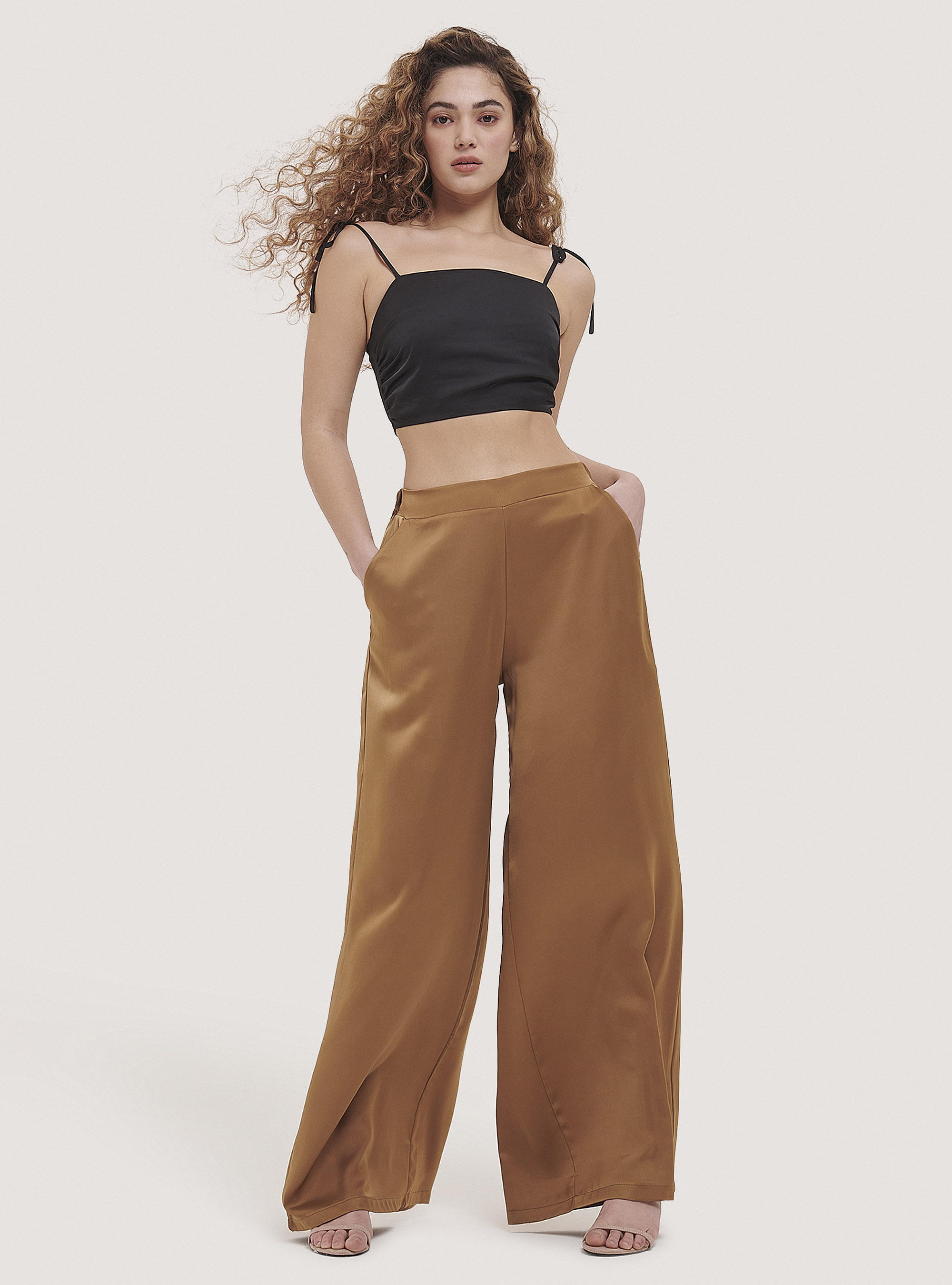 Satin palazzo trousers, C5620 CAMEL