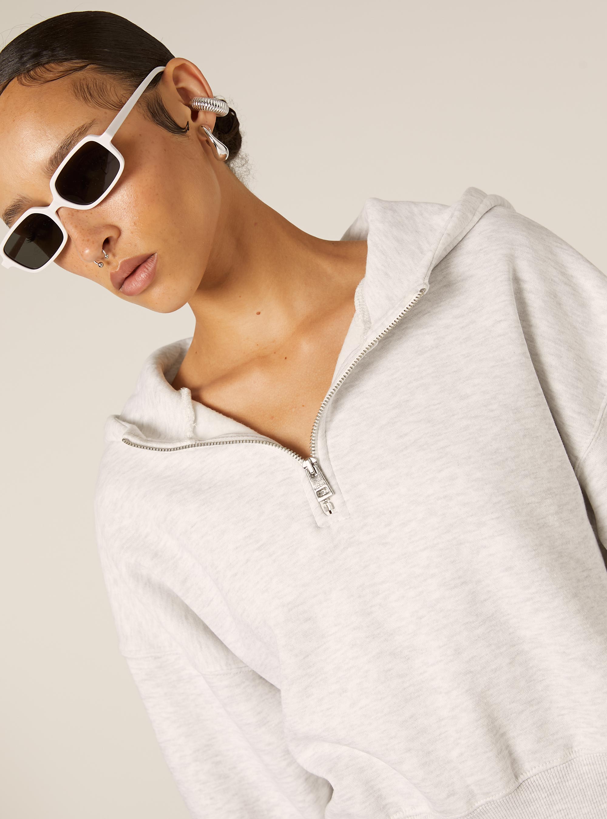 Boxy fit sweatshirt with half zip, MGY3 GREY MEL LIGHT