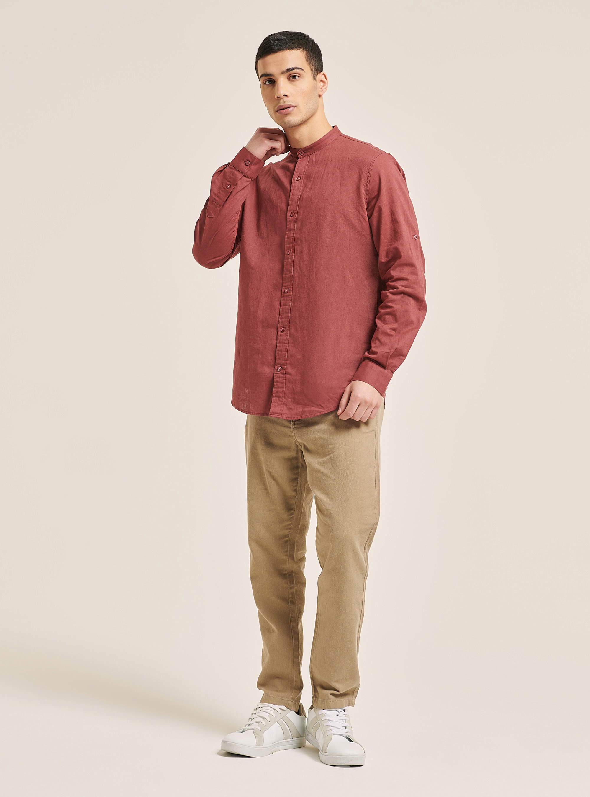 Shirt with korean collar in linen blend, C0306 ONION