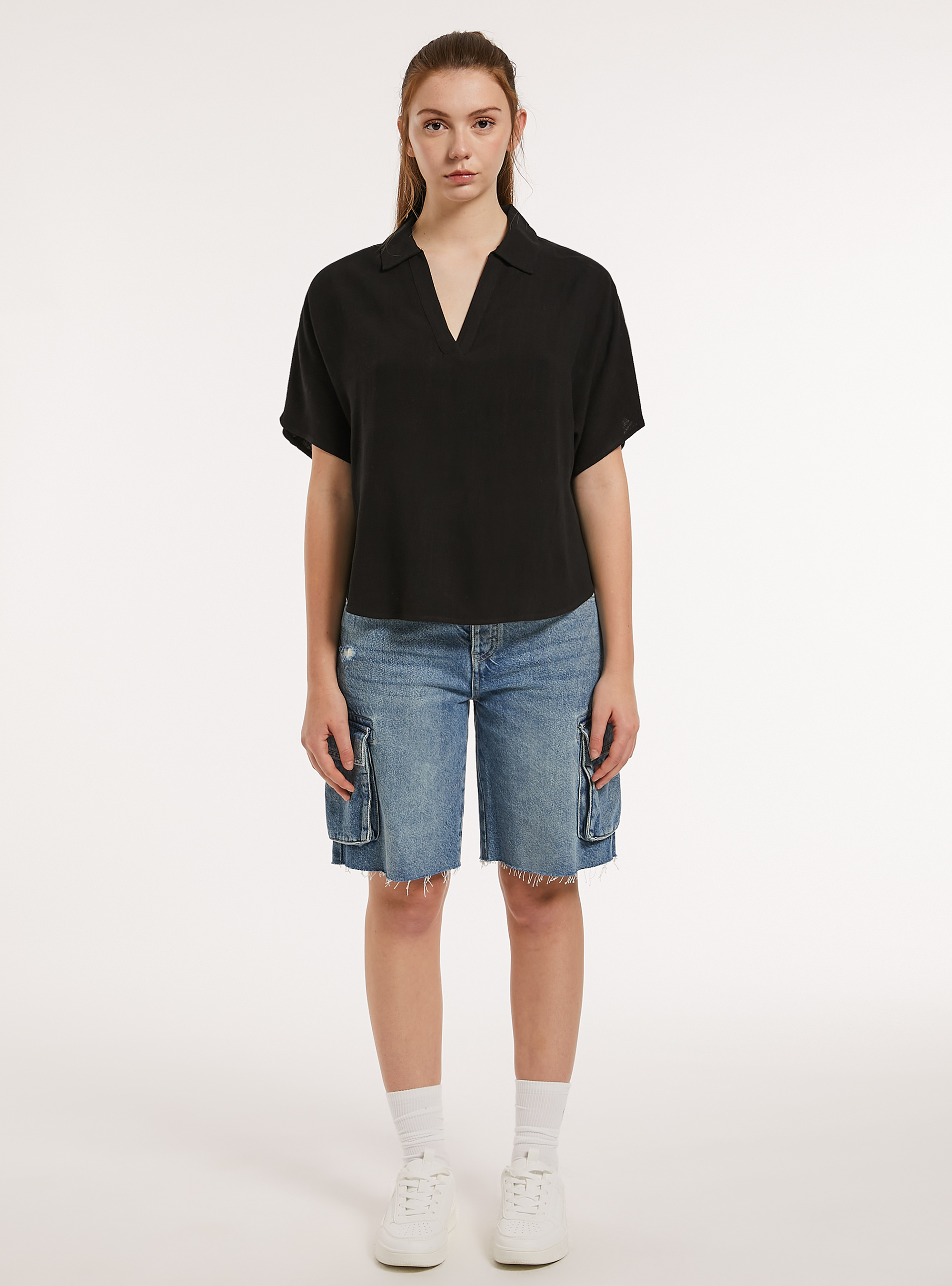 Linen-blend blouse, BK1 BLACK