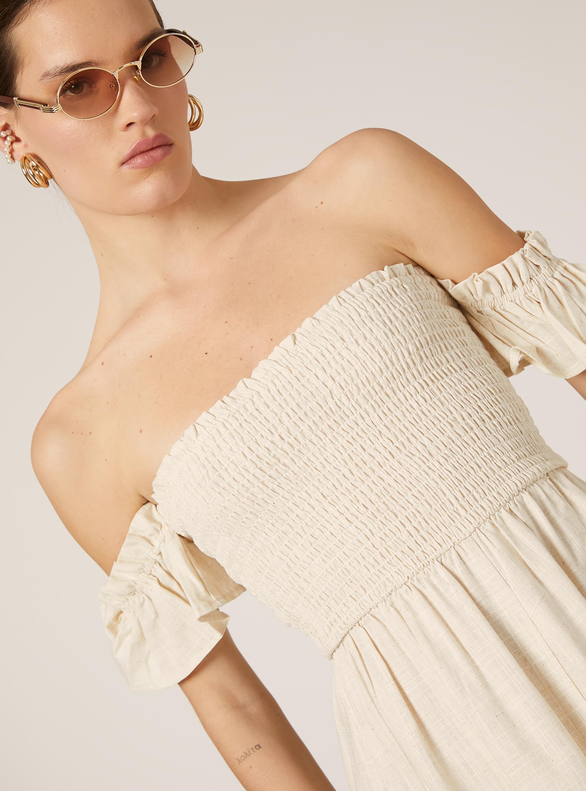 Linen blend gathered dress, MBG3 BEIGE MEL LIGHT