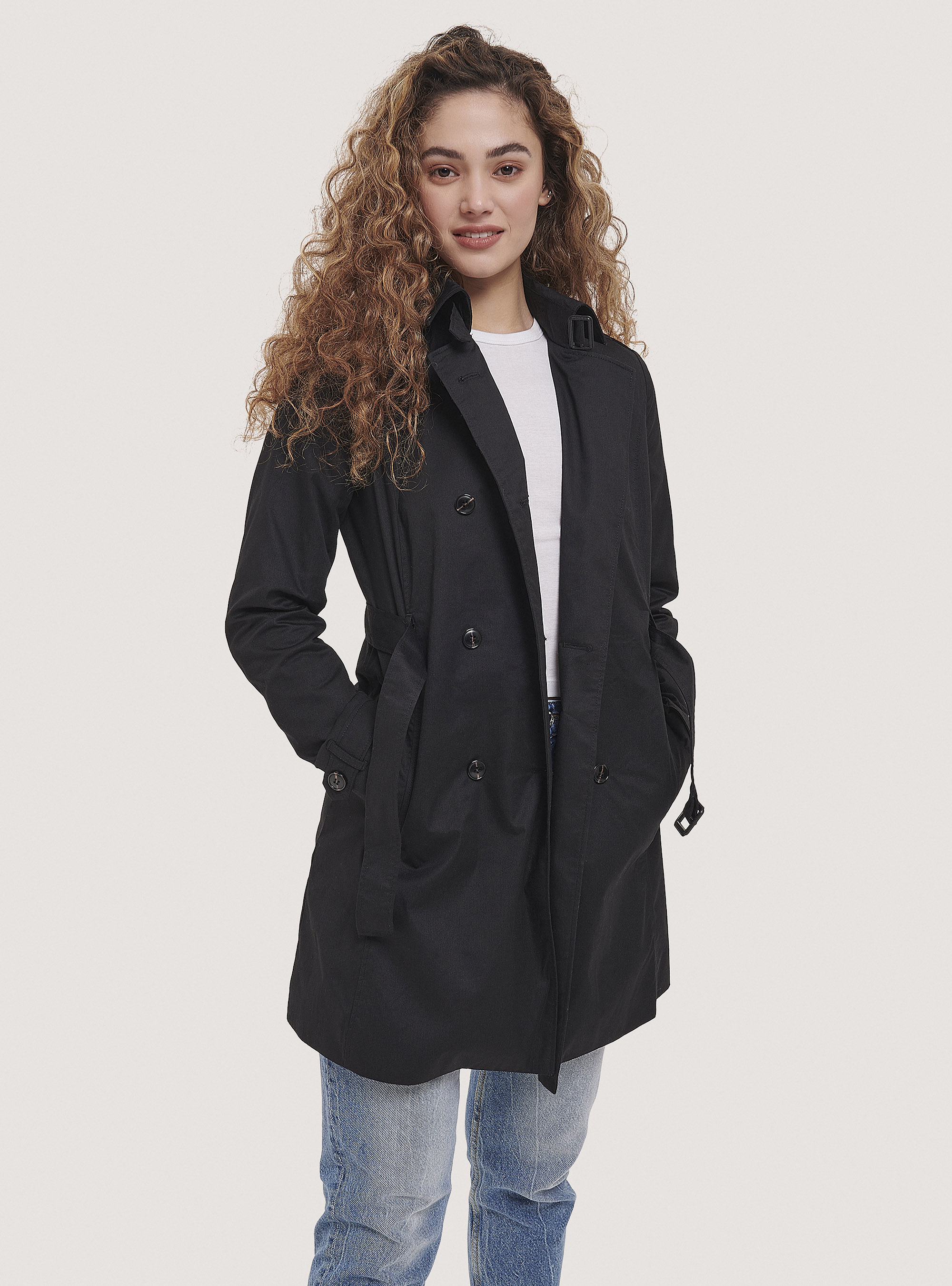 Trench-coat souple avec ceinture, C101 BLACK