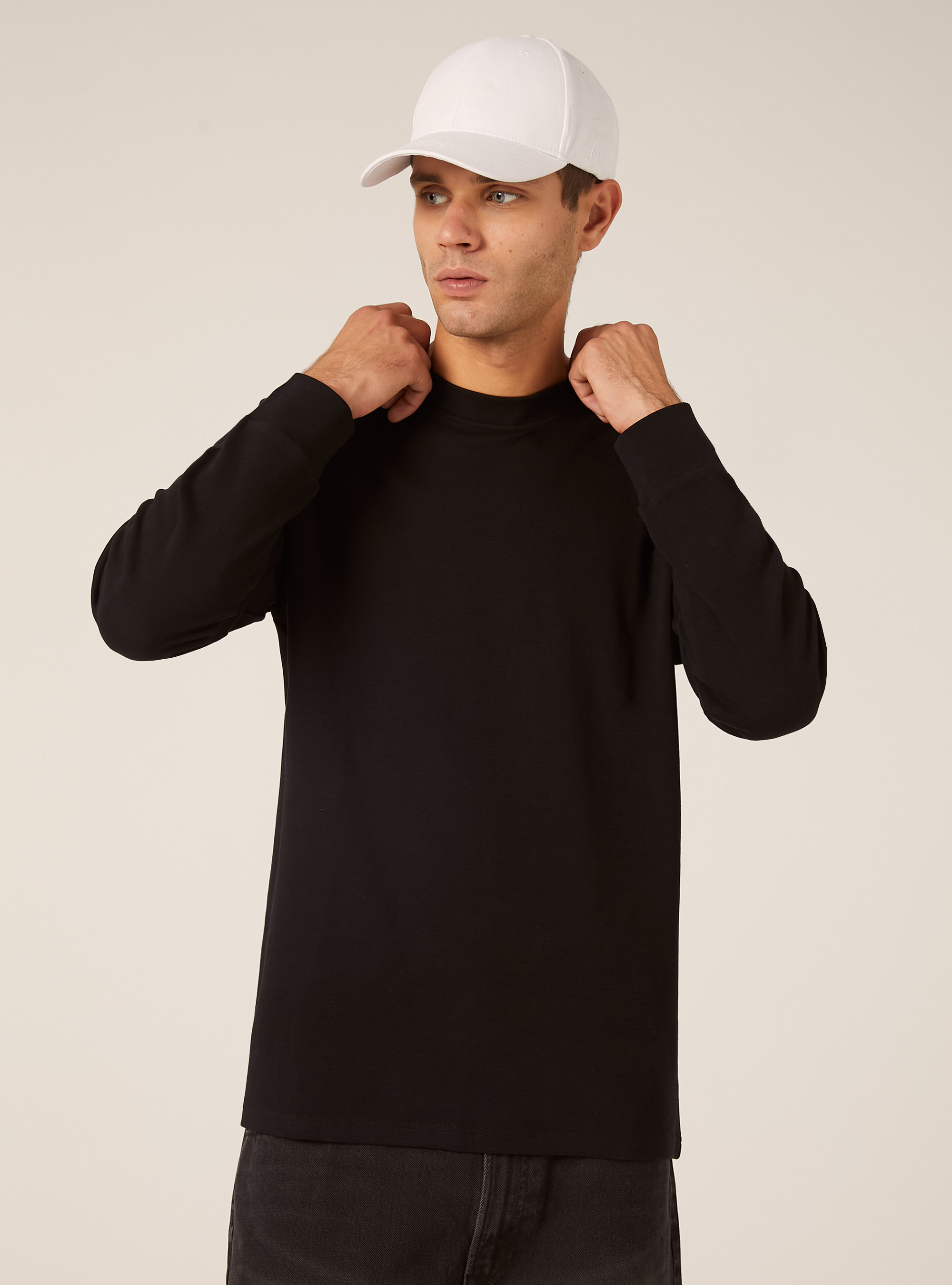 Long-sleeved cotton T-shirt, BK1 BLACK