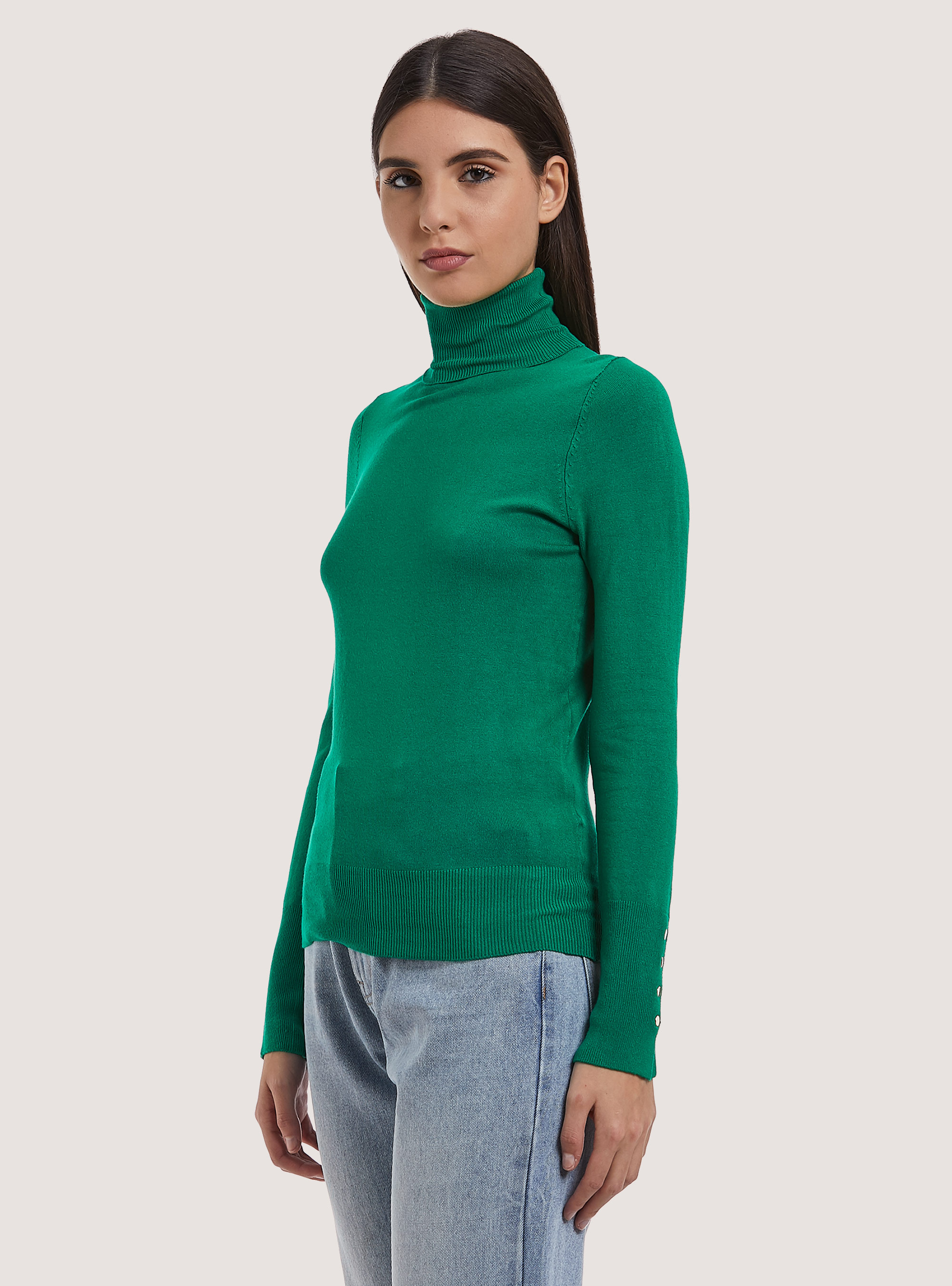 Pullover a collo alto con bottoni sulla manica, GN2 GREEN MEDIUM