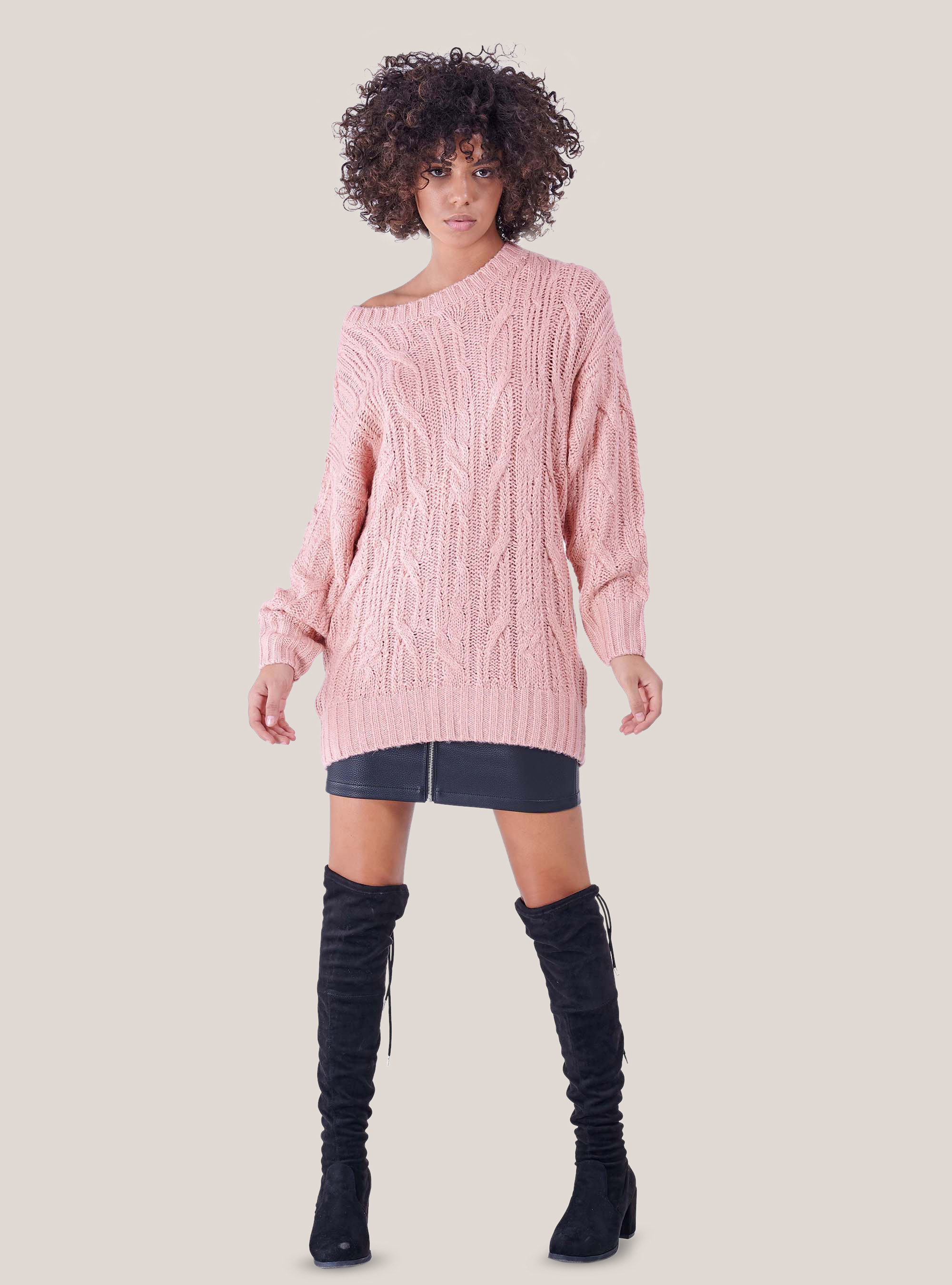 CREWNECK SWEATER  WITH BRAIDING, C501 PINK