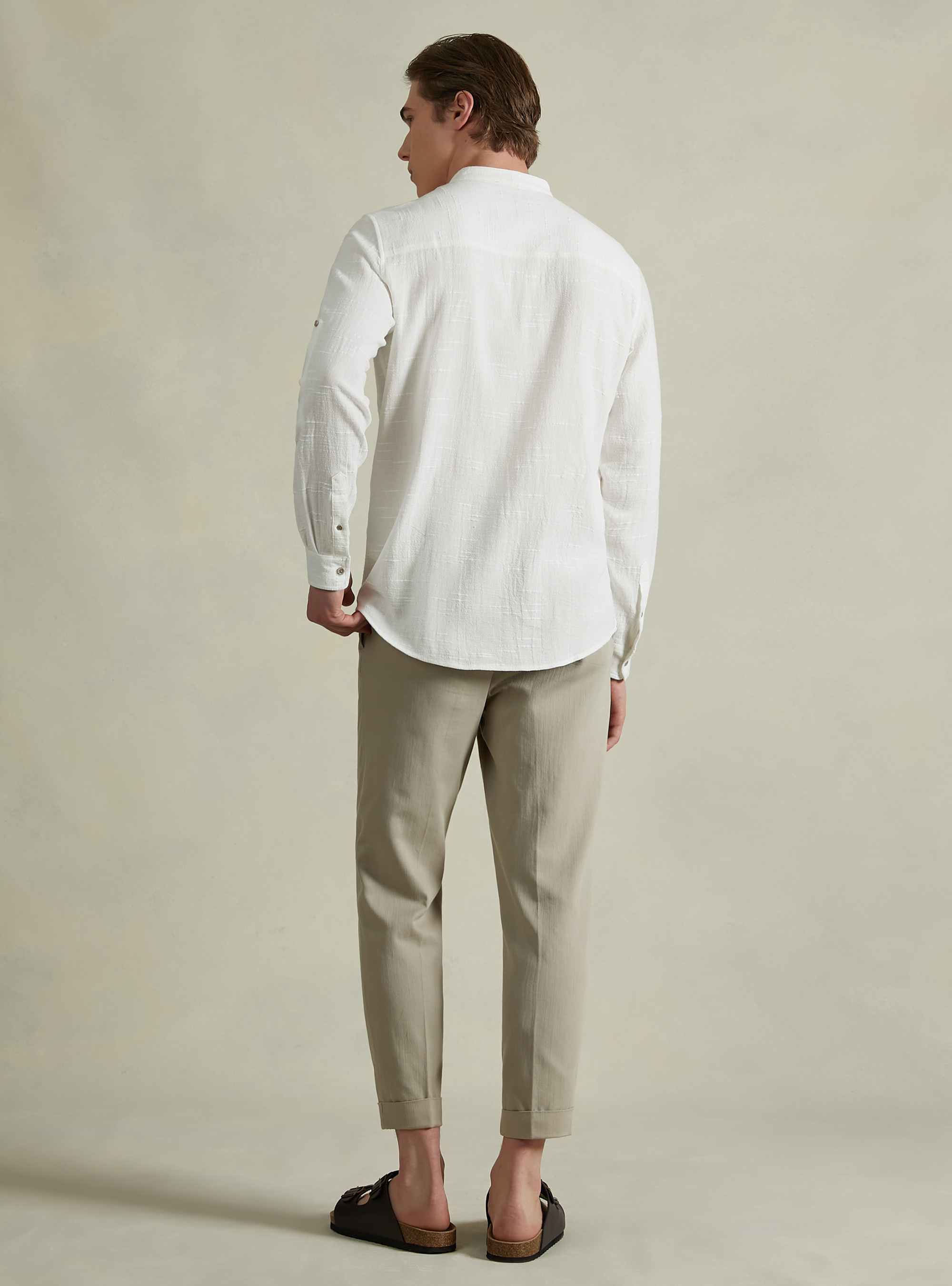 Linen blend shirt with Korean collar, WH1 OFF WHITE