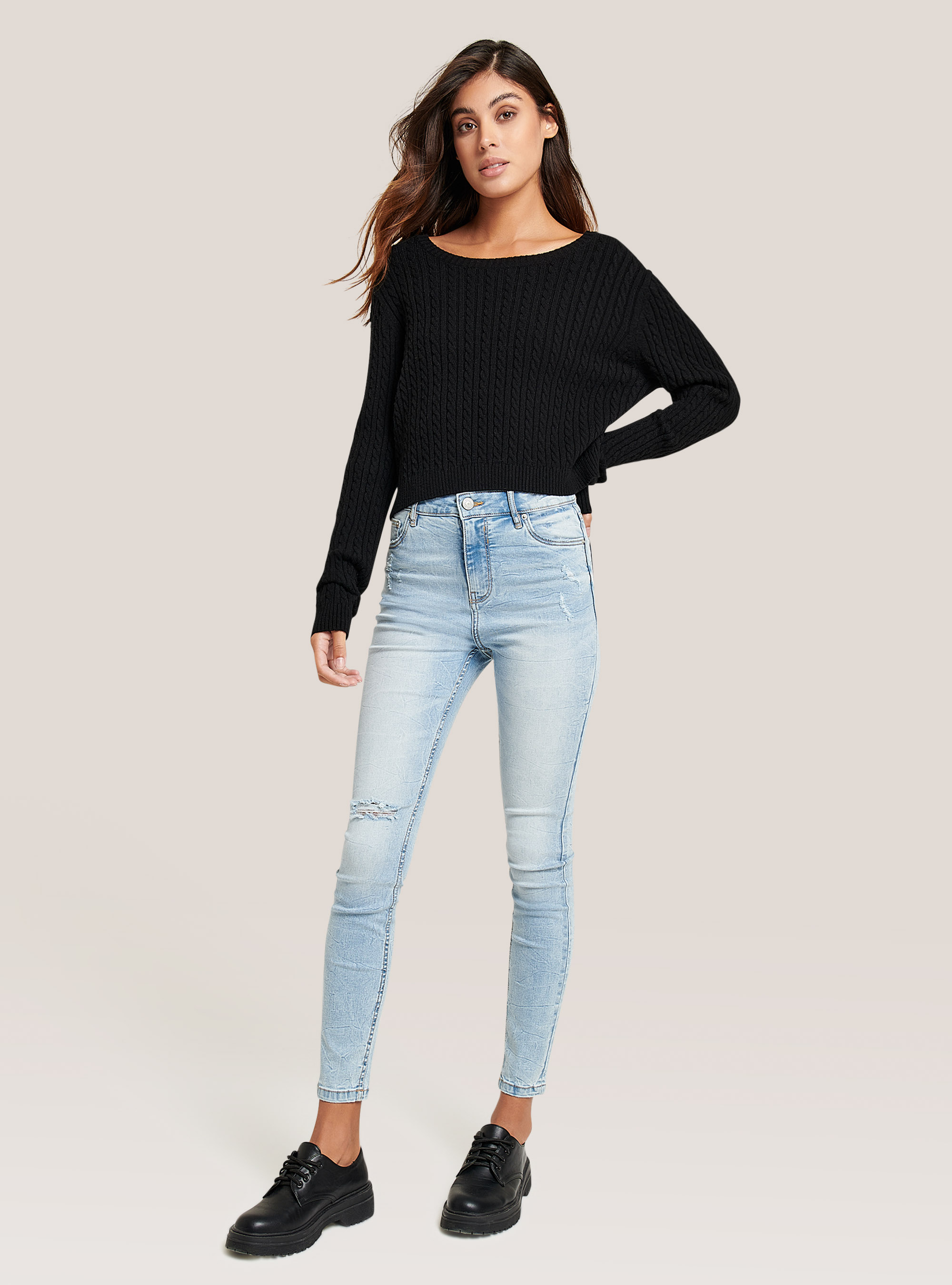 Cropped pullover with braids soft touch, BLACK