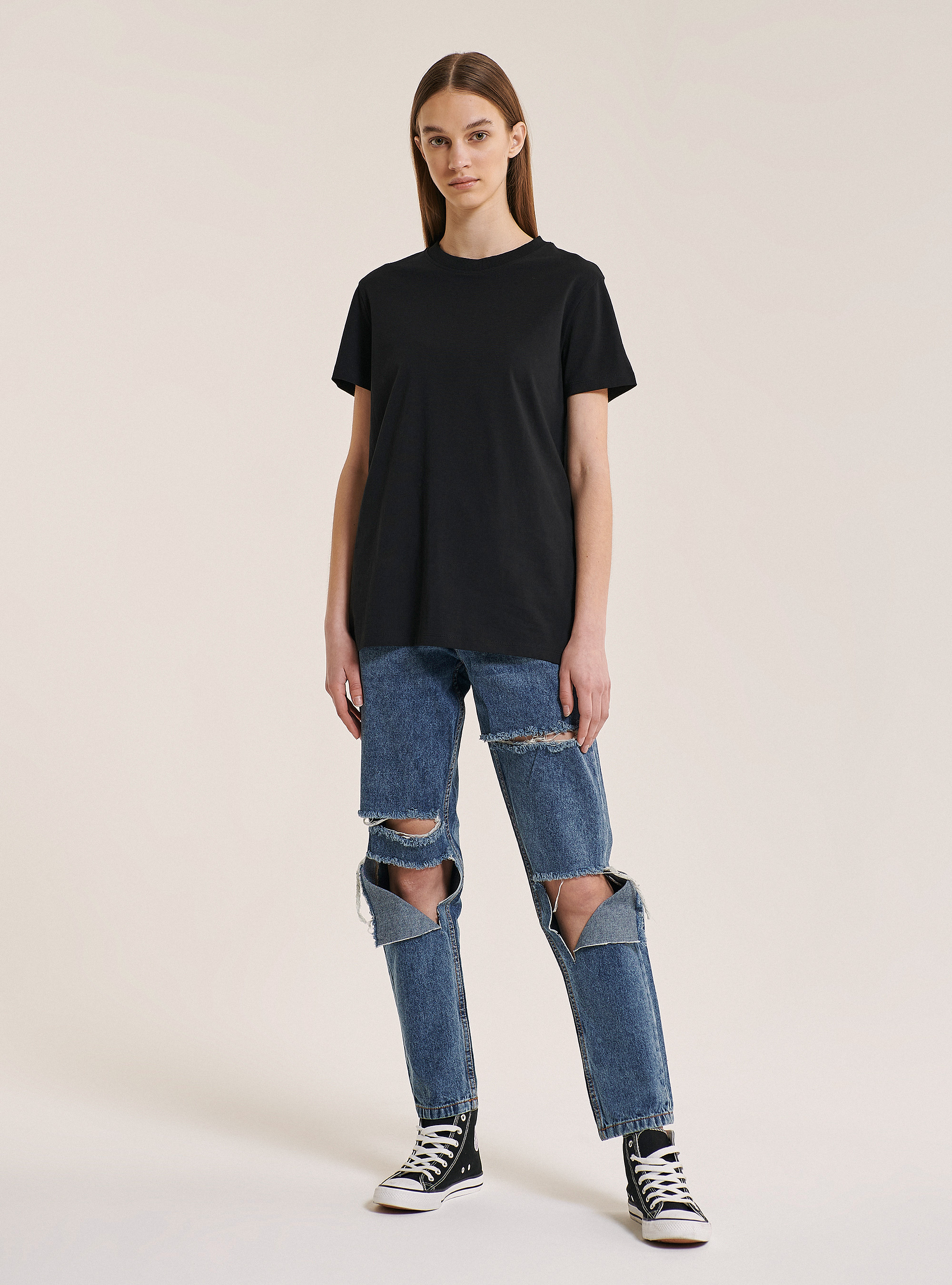 Basic round-neck cotton T-shirt, BLACK