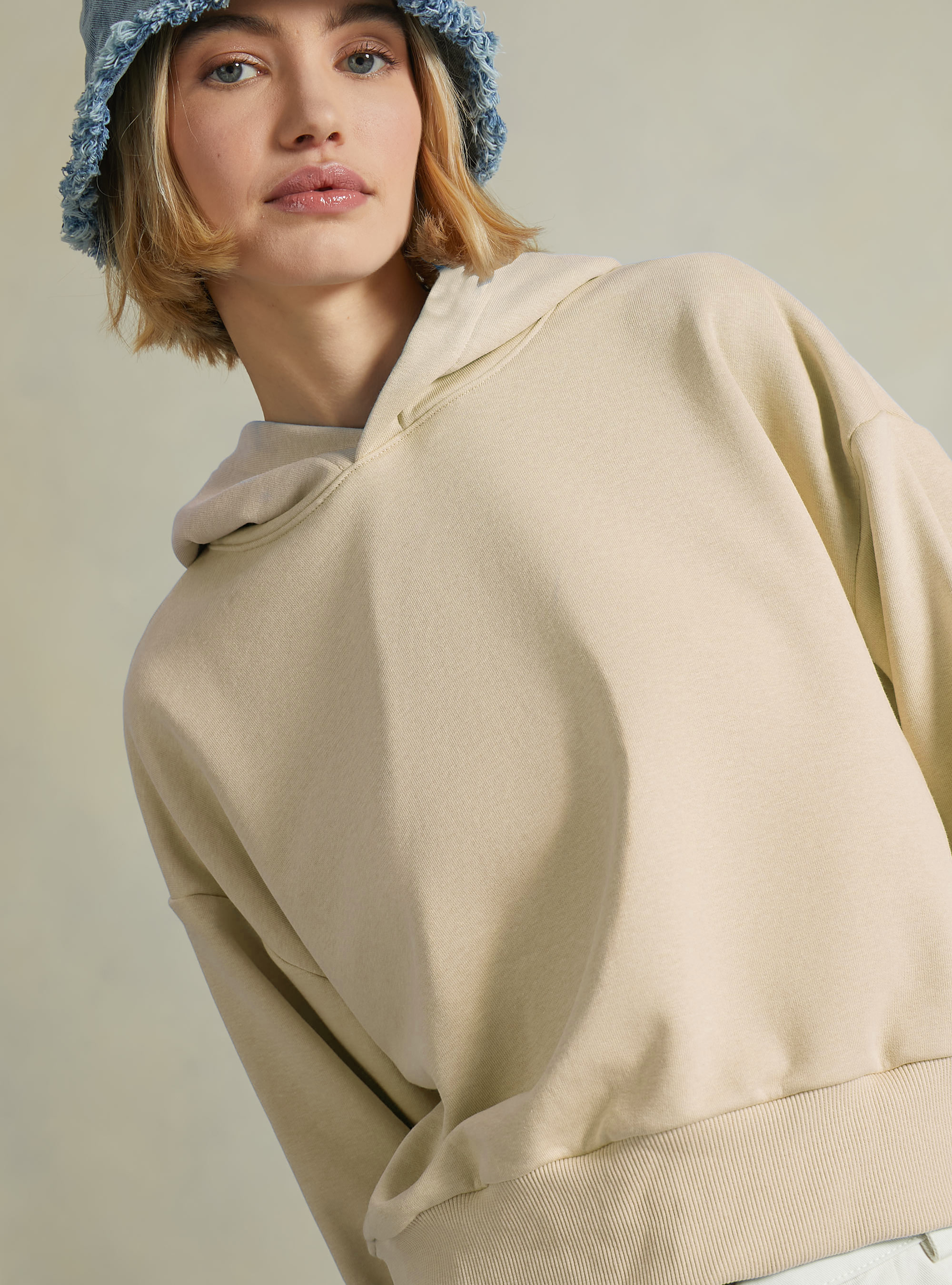 Felpa boxy fit con cappuccio, BG3 BEIGE LIGHT