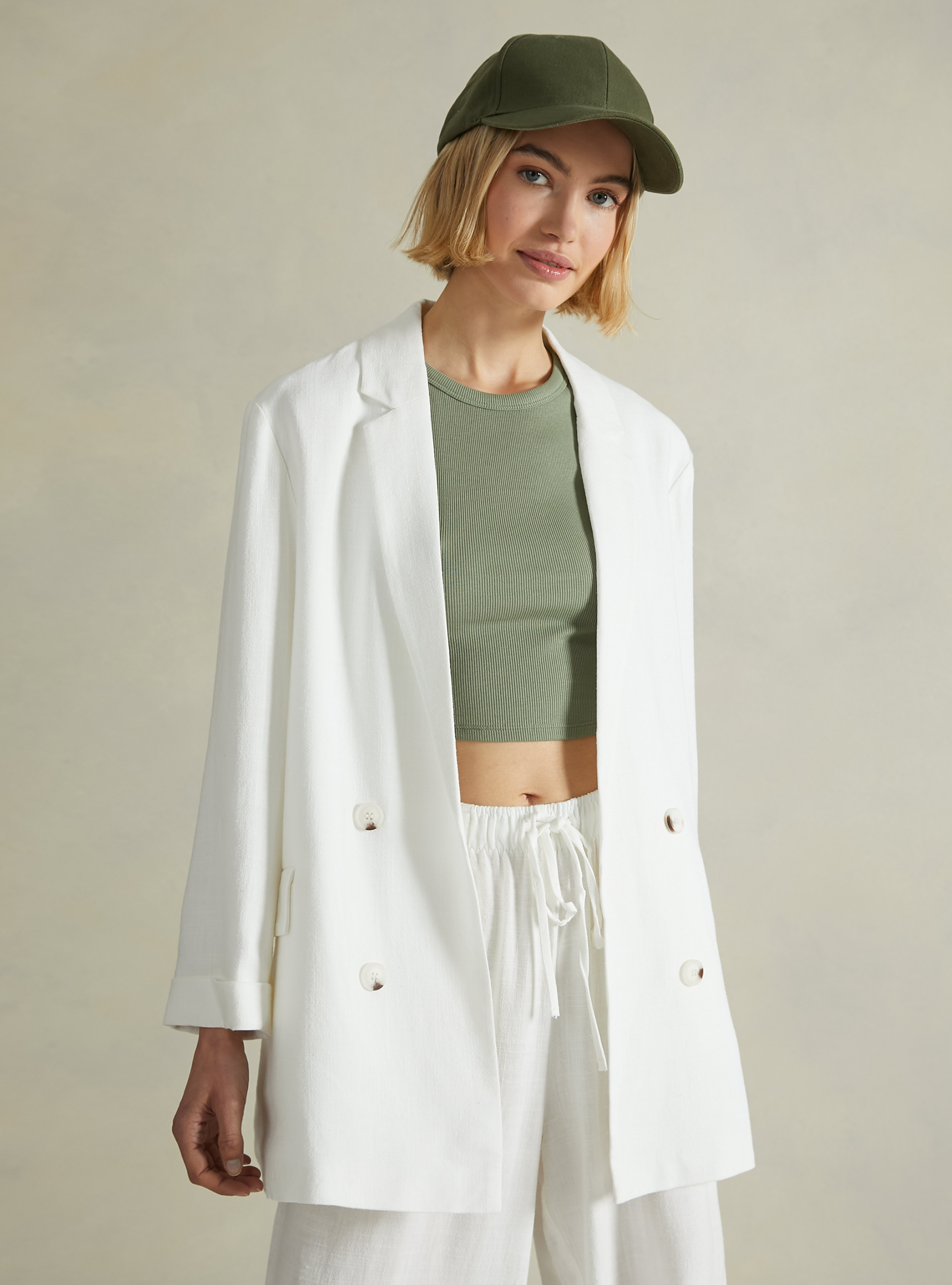 Blazer à double boutonnage en lin mélangé, WH2 WHITE