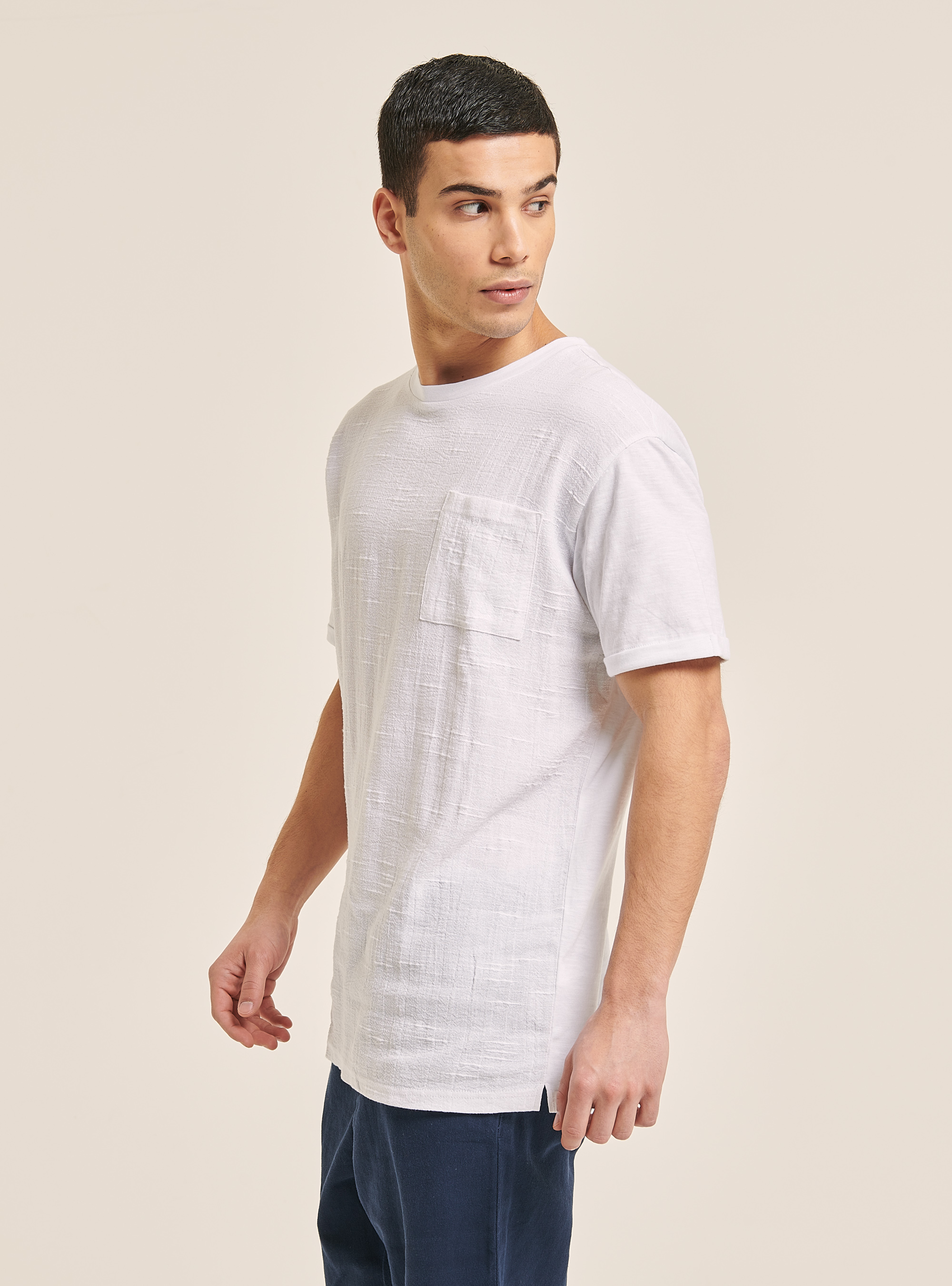 Maglietta in misto lino con taschino, BIANCO