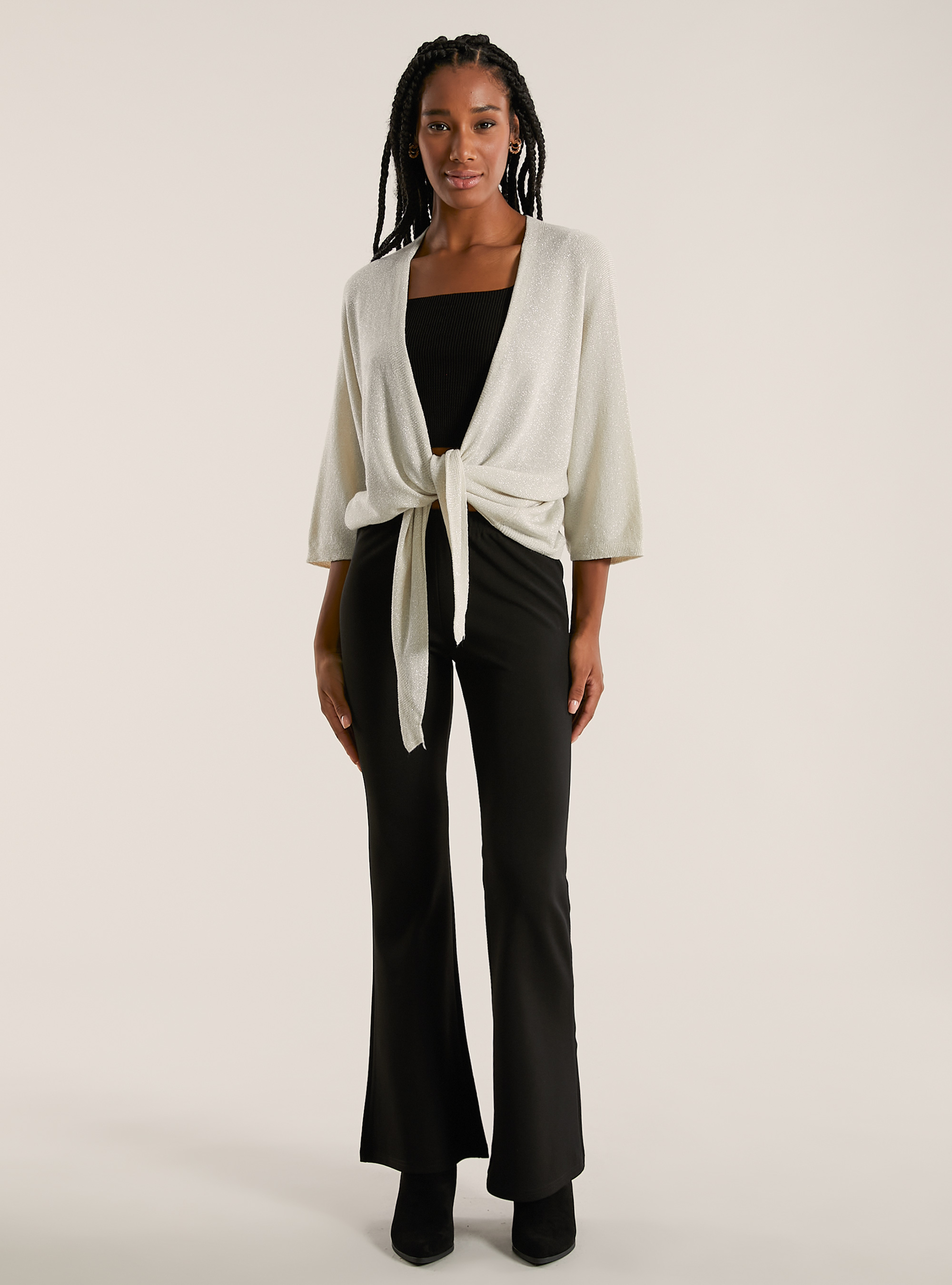 Cardigan lurex aperto con nodo, BG2 BEIGE MEDIUM
