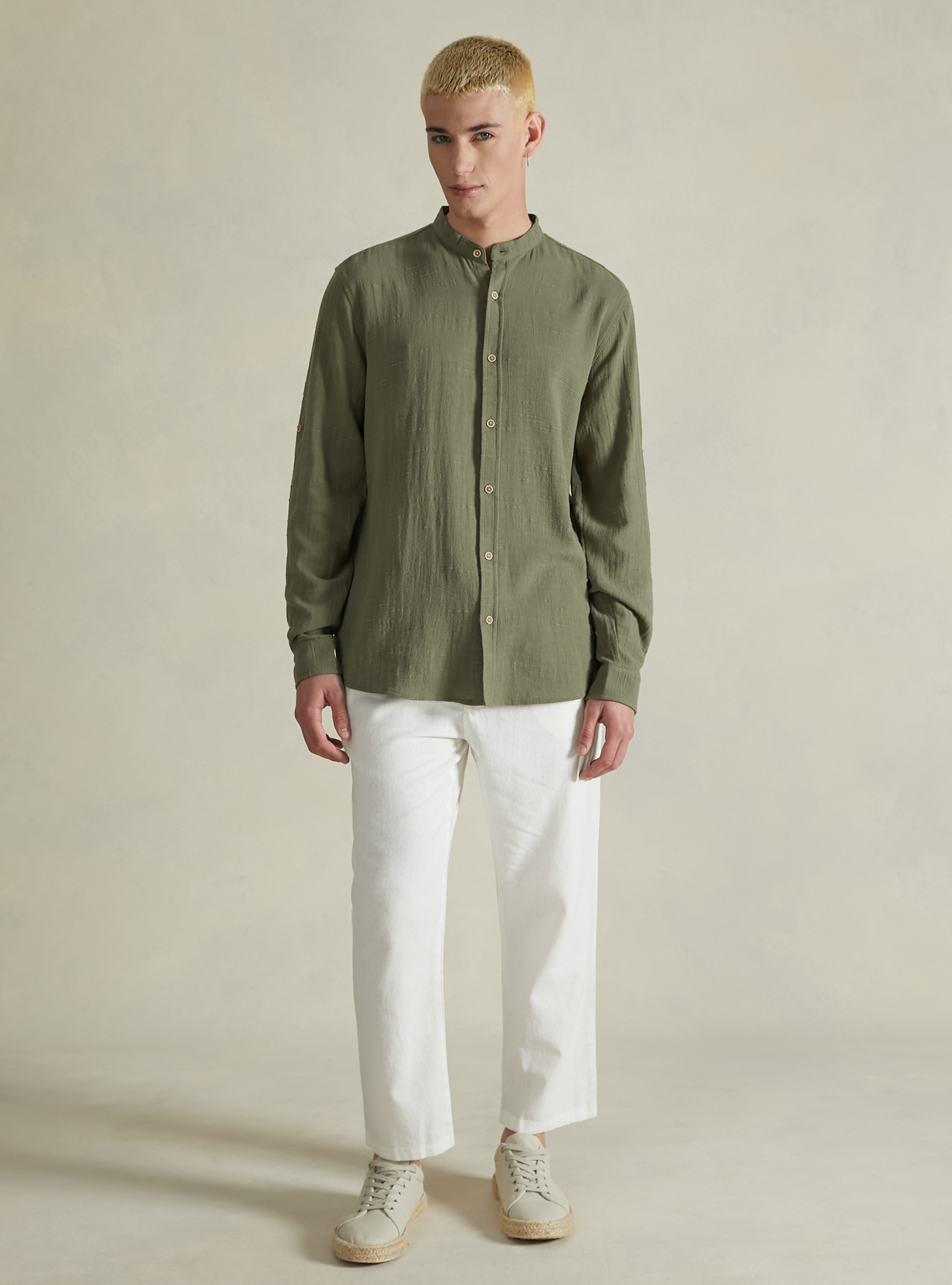 COLINA DAN 半袖シャツ Size.M Linen blend shirt with mandarin collar