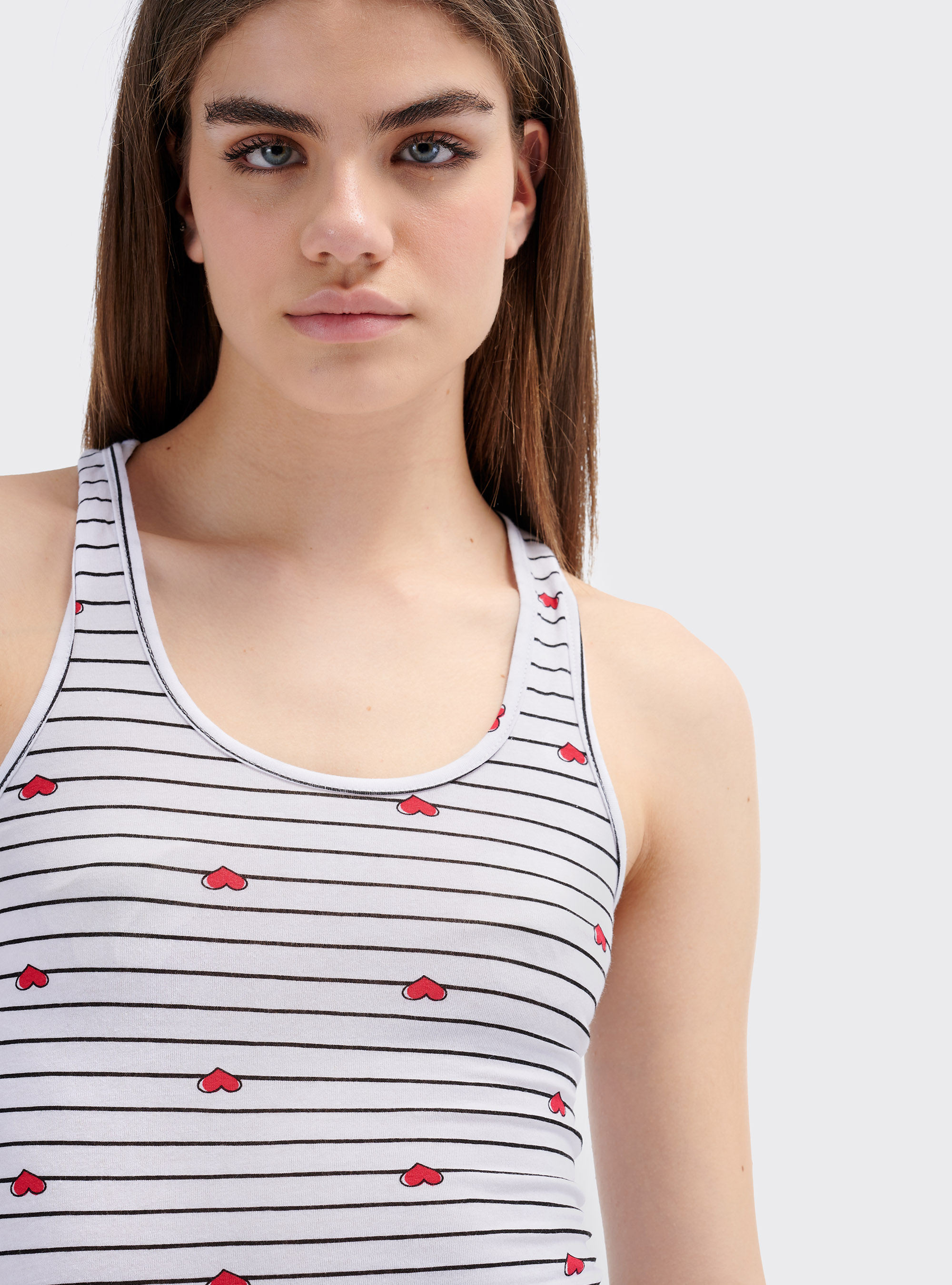 Top stretch fit stampa a righe con scollo americano sul retro, HEART
